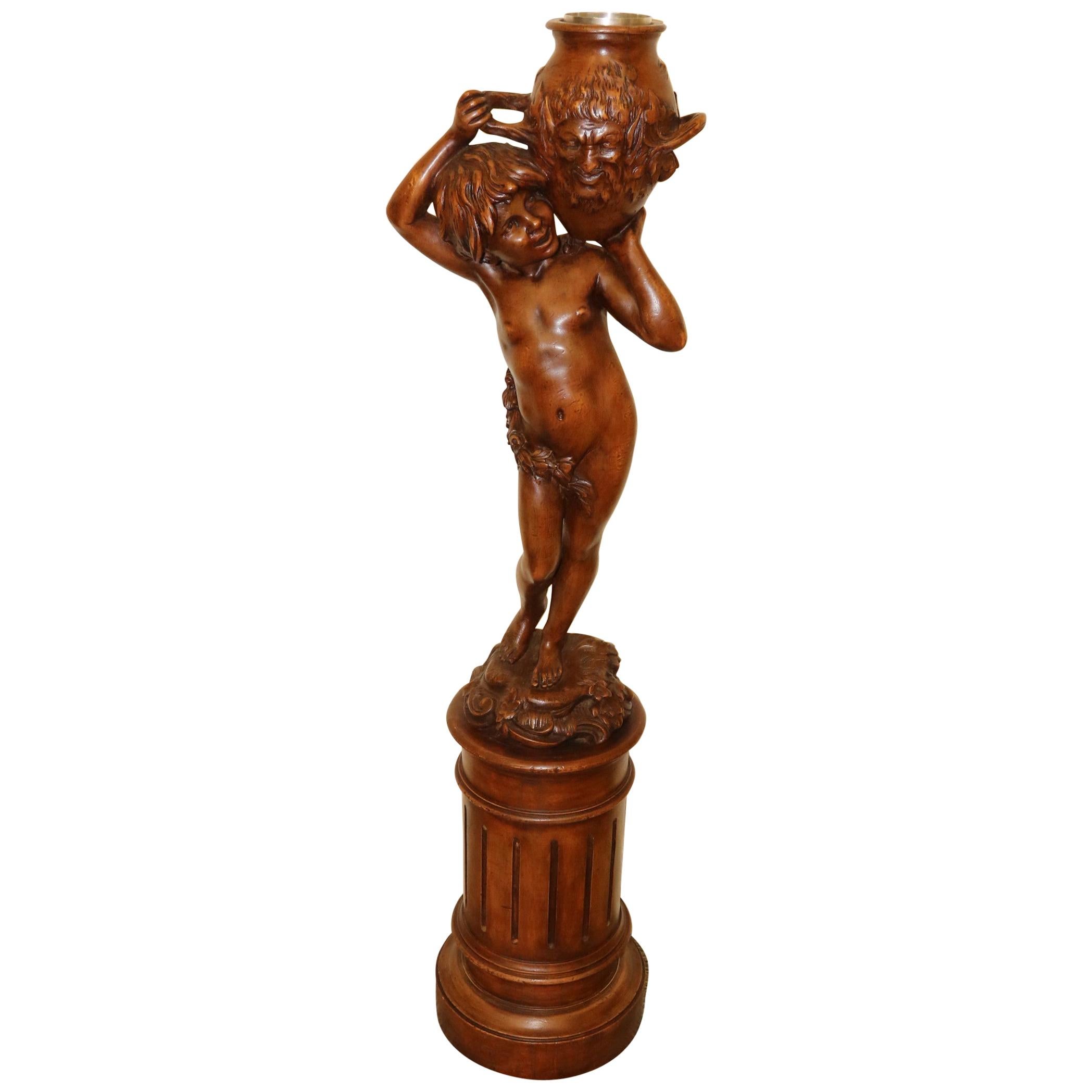 Large French Carved Pine Decorative Figure of Semi-Nude Mythical Boy, circa 1900 For Sale