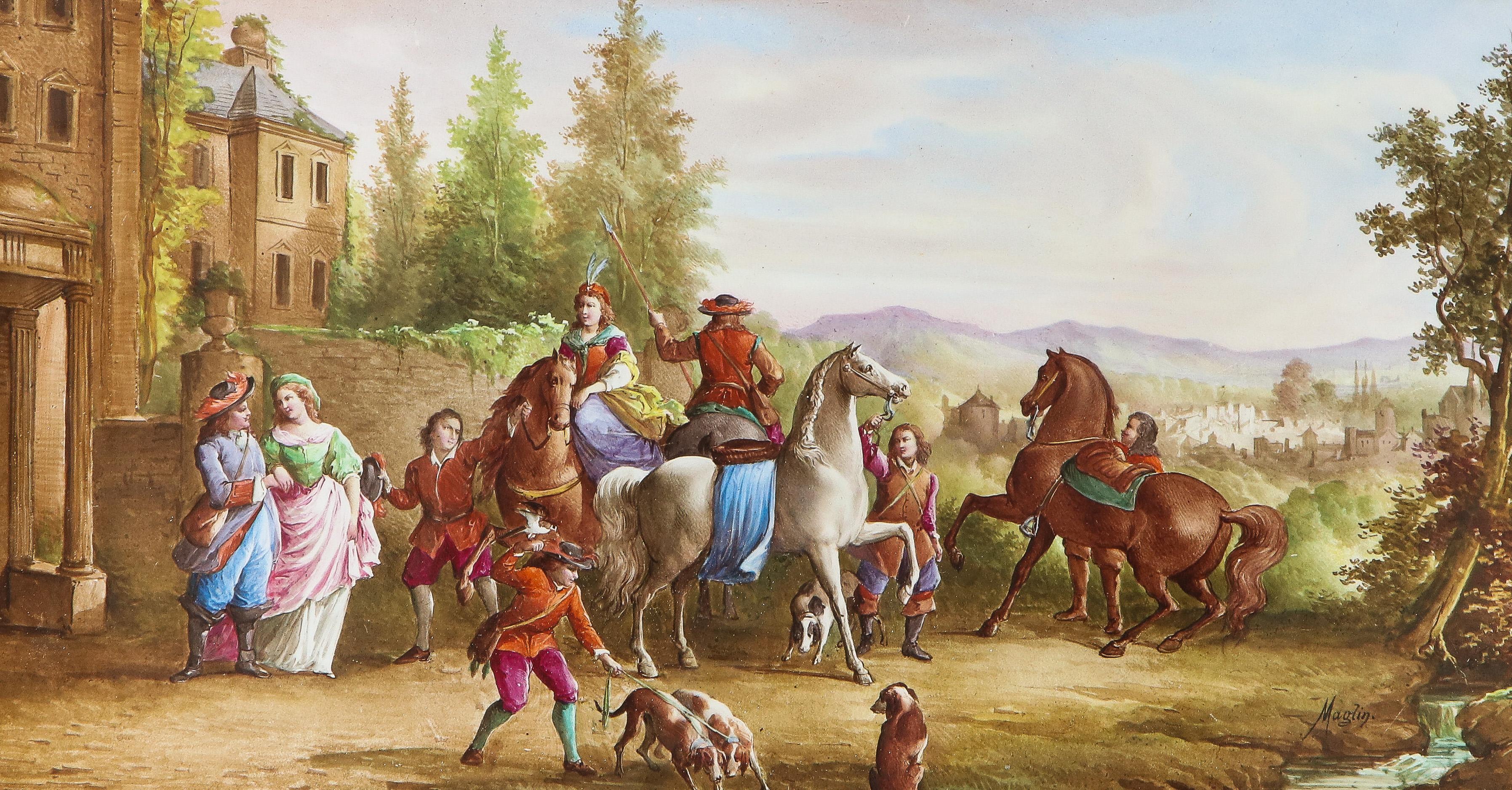A large antique French cobalt blue Sèvres Porcelain rectangular plaque by Maglin, circa 1880.

Very finely hand painted with scenes of horses and figures outside a castle, with gilt border, in original giltwood frame. 

Plaque size: 13