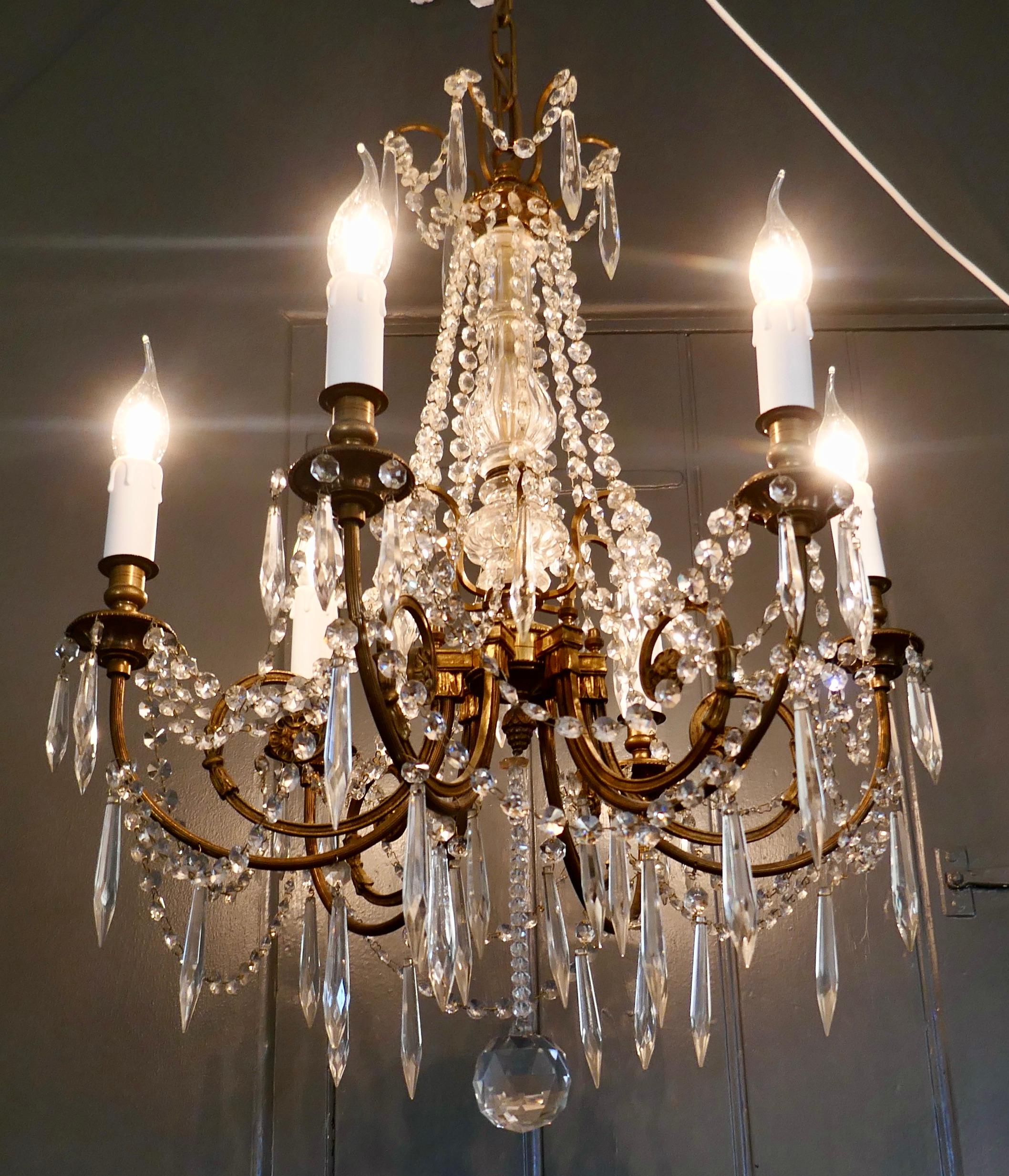 French Provincial Large French Crystal 6 Branch Salon Chandelier