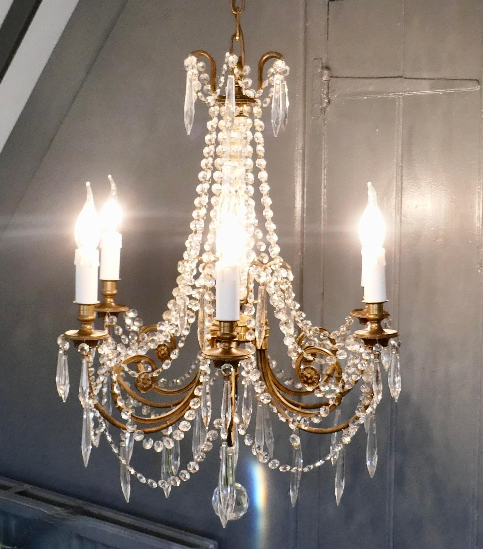 20th Century Large French Crystal 6 Branch Salon Chandelier
