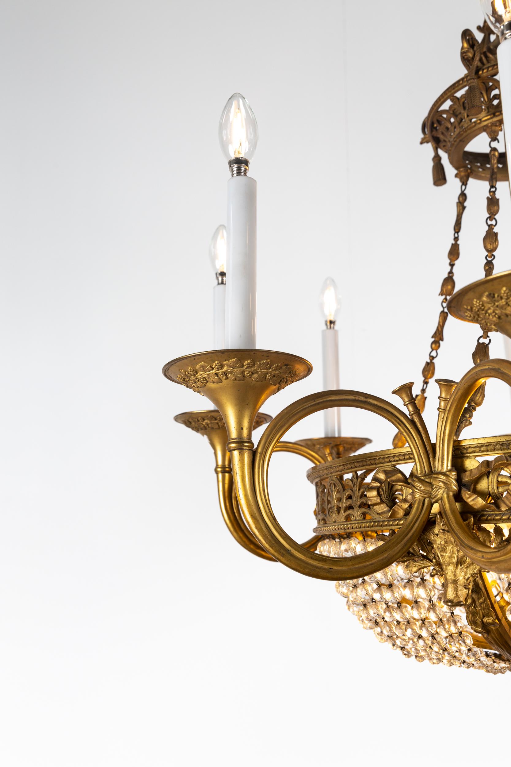 18th Century Large French Directoire Period Bronze and Crystal Twelve Light Chandelier For Sale