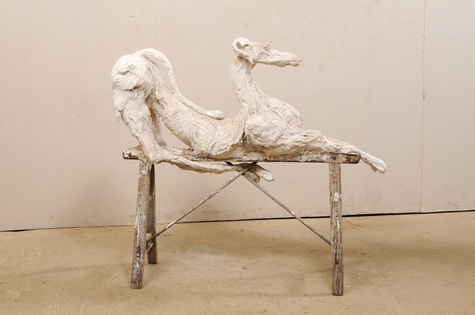 Plaster Large French Greyhound Sculpture Poised on Sawhorse Leg Base