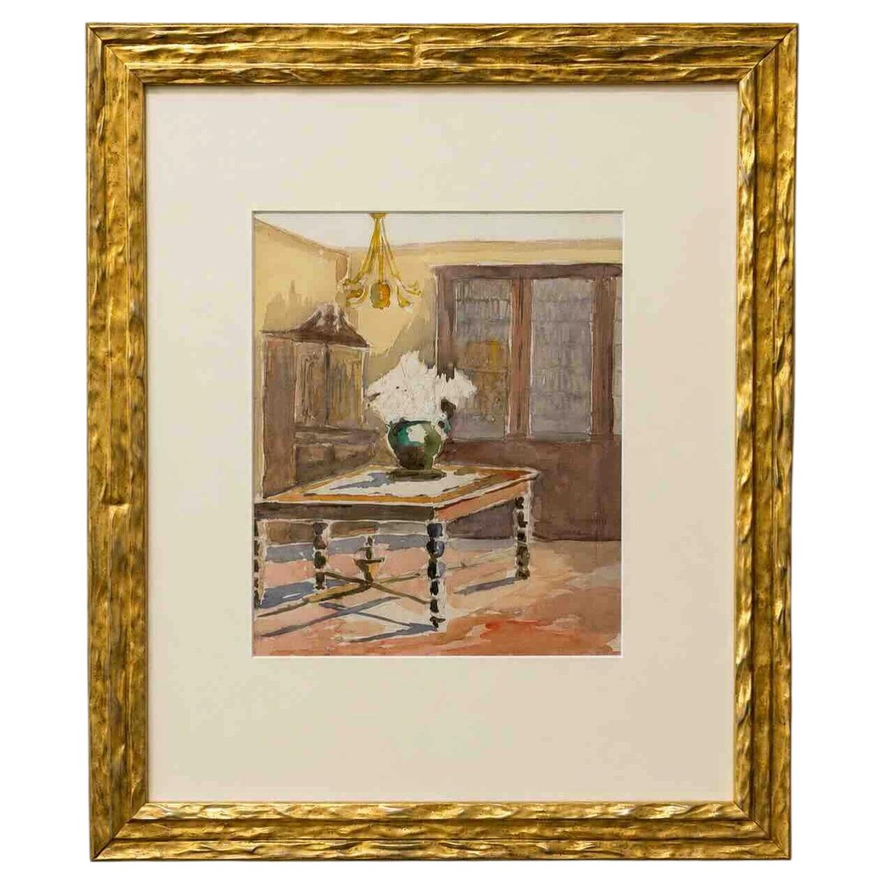 A Large French Interior Watercolor