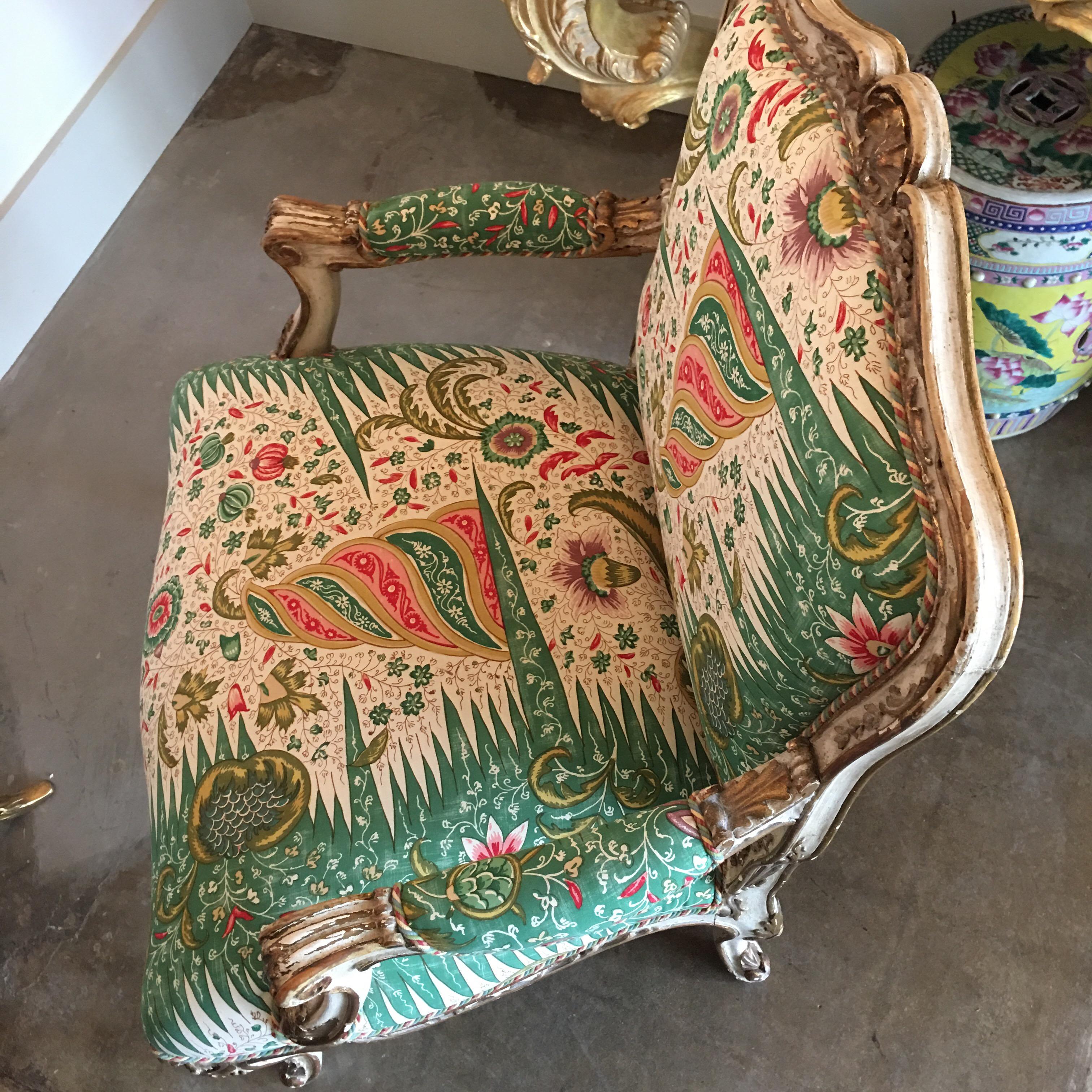 Large French Carved Louis XV Style Painted and Parcel Gilt Fauteuil  6