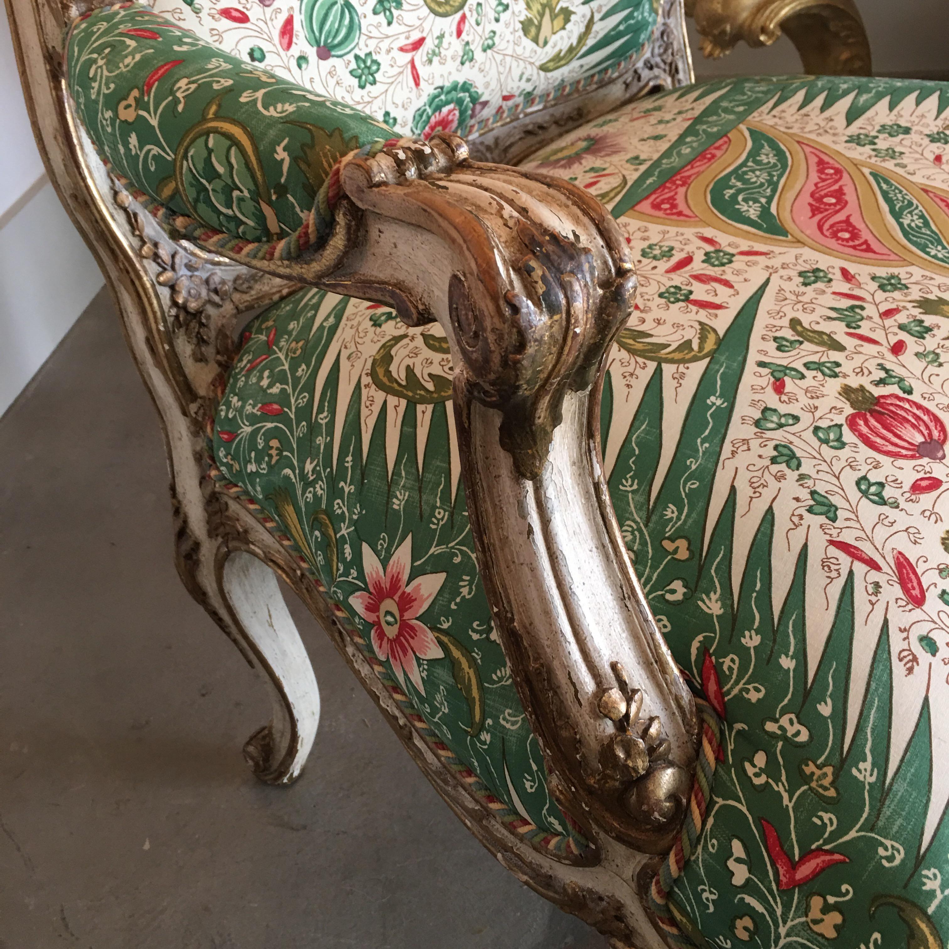 20th Century Large French Carved Louis XV Style Painted and Parcel Gilt Fauteuil 