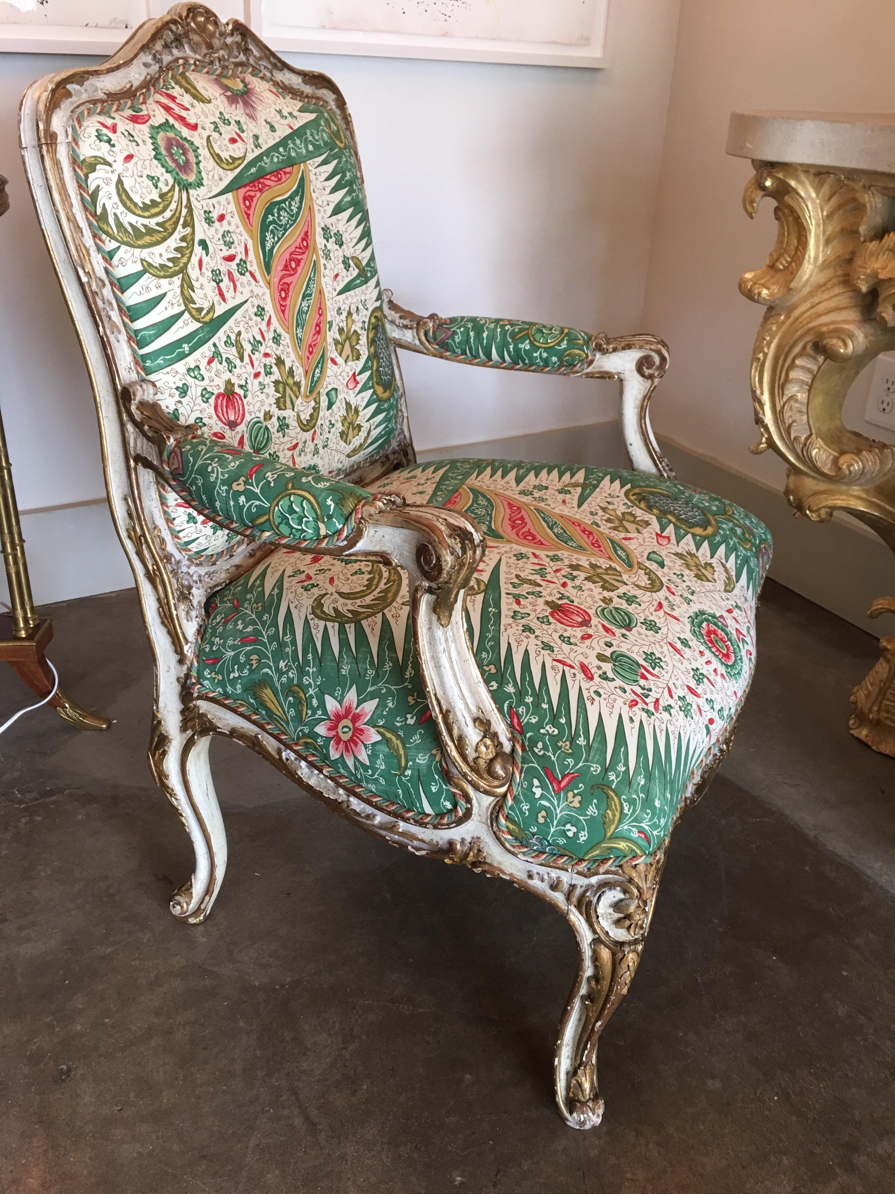 Large French Carved Louis XV Style Painted and Parcel Gilt Fauteuil  1