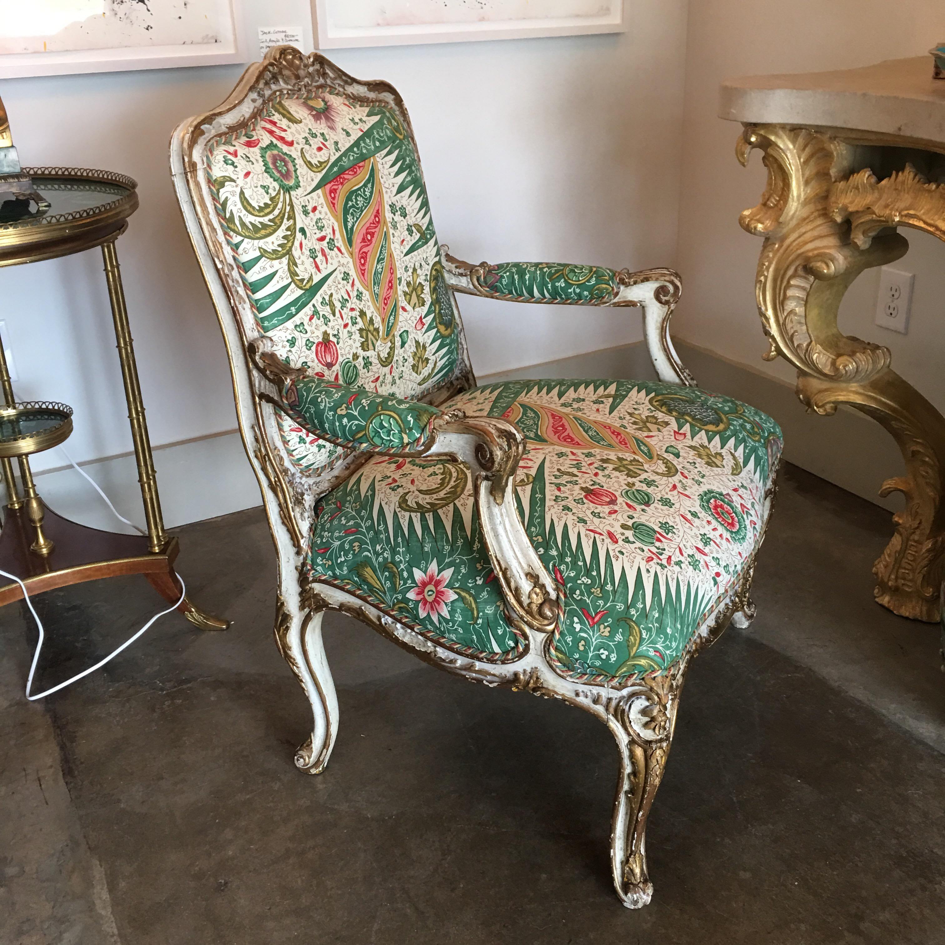 Large French Carved Louis XV Style Painted and Parcel Gilt Fauteuil  2