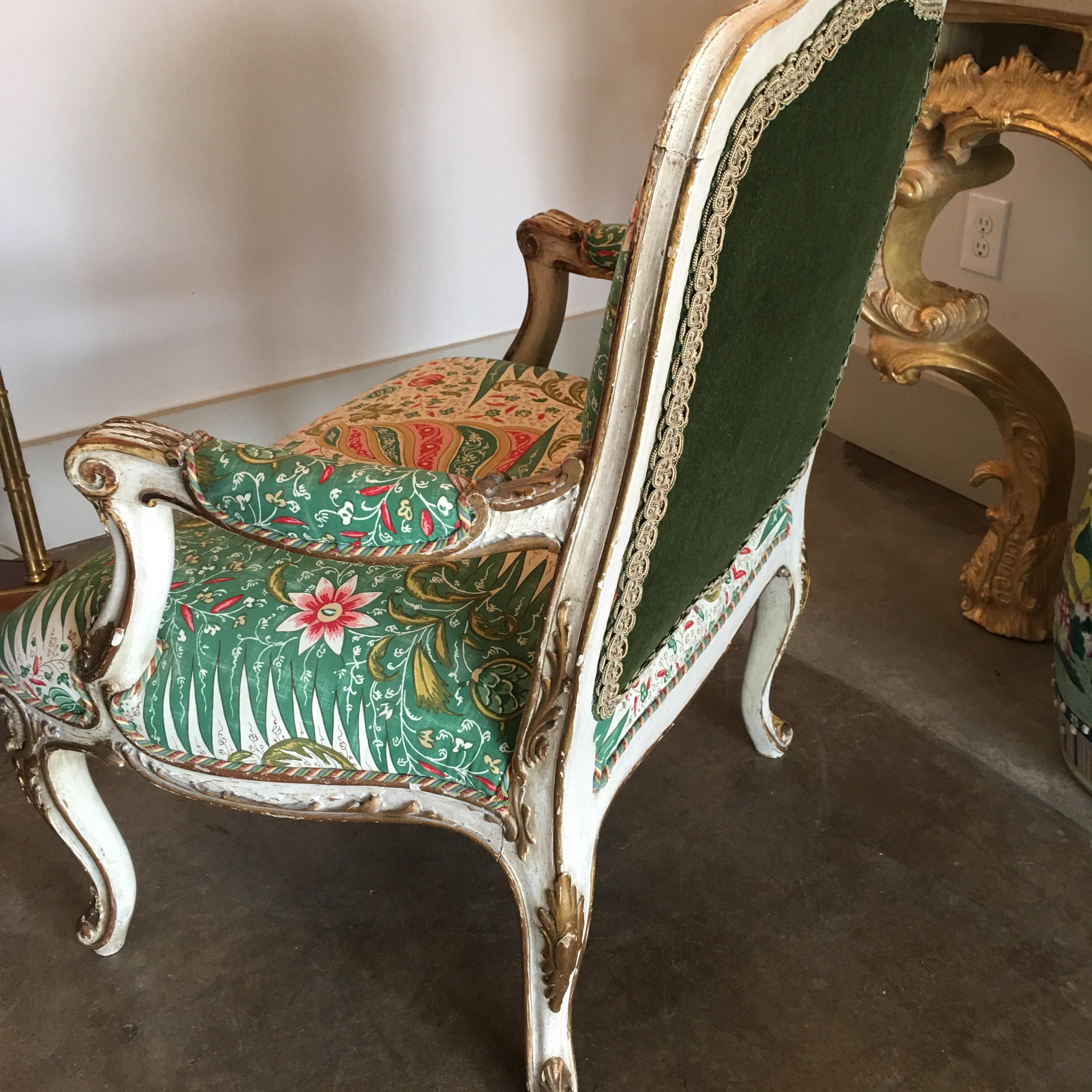 Large French Carved Louis XV Style Painted and Parcel Gilt Fauteuil  3