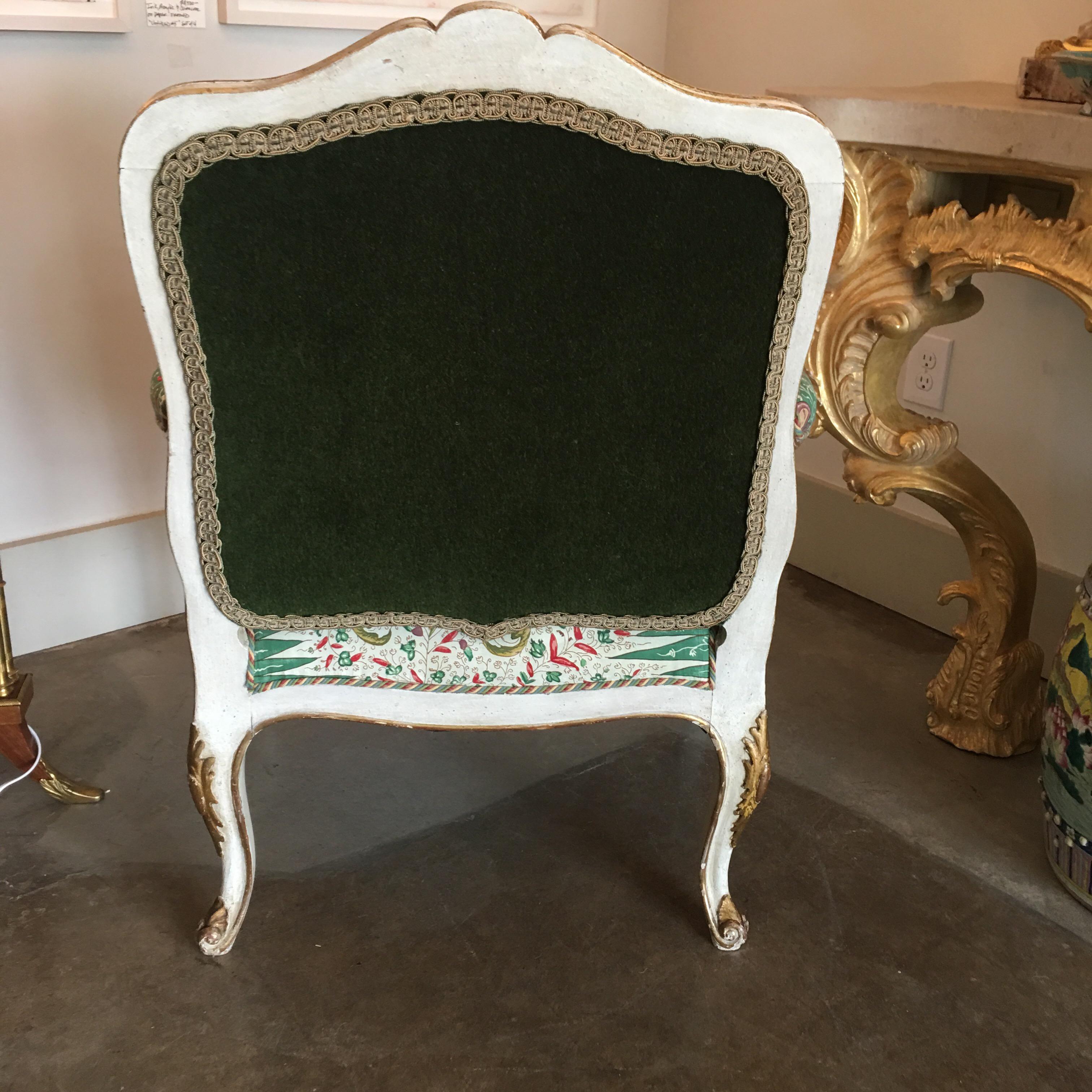 Large French Carved Louis XV Style Painted and Parcel Gilt Fauteuil  4