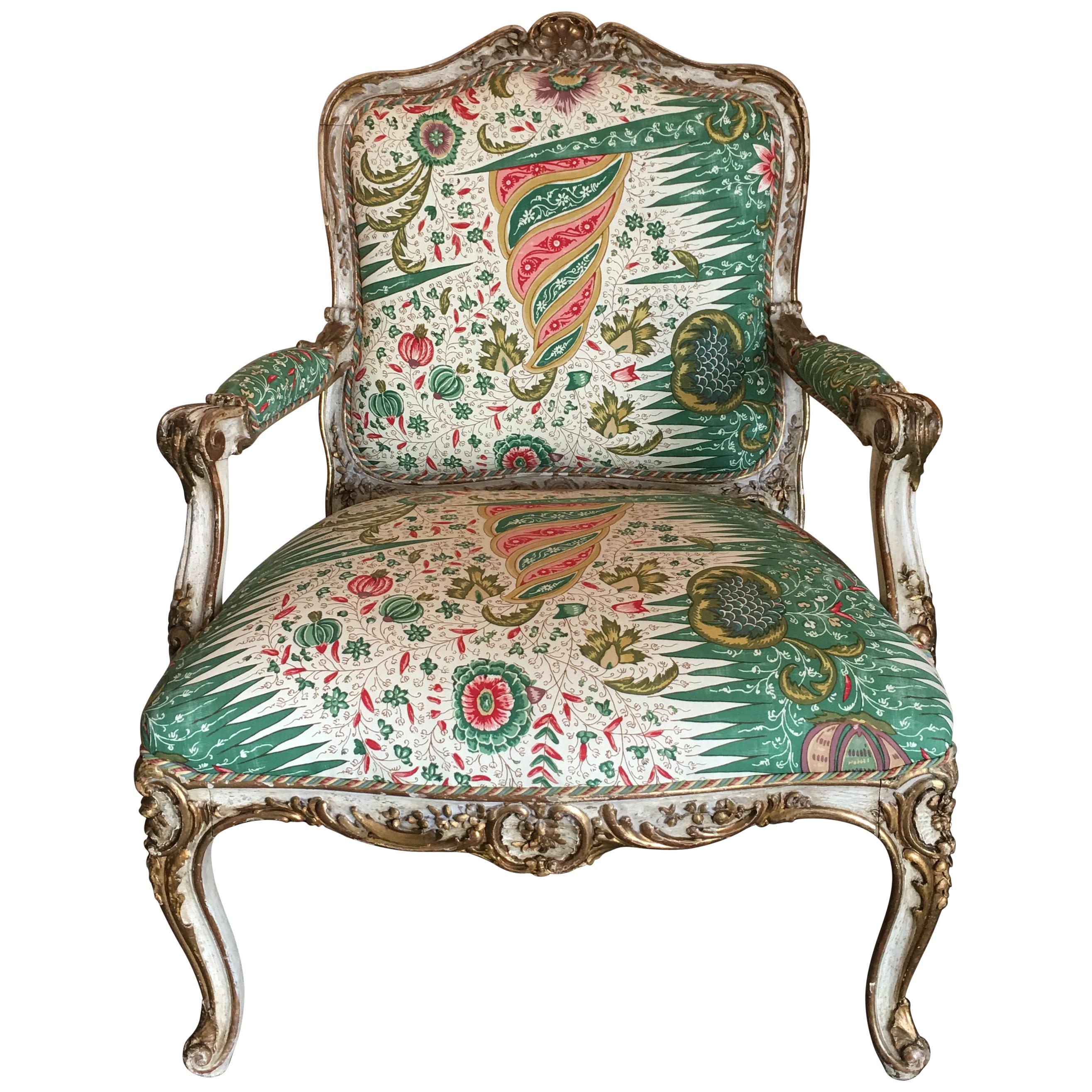 Large French Carved Louis XV Style Painted and Parcel Gilt Fauteuil 