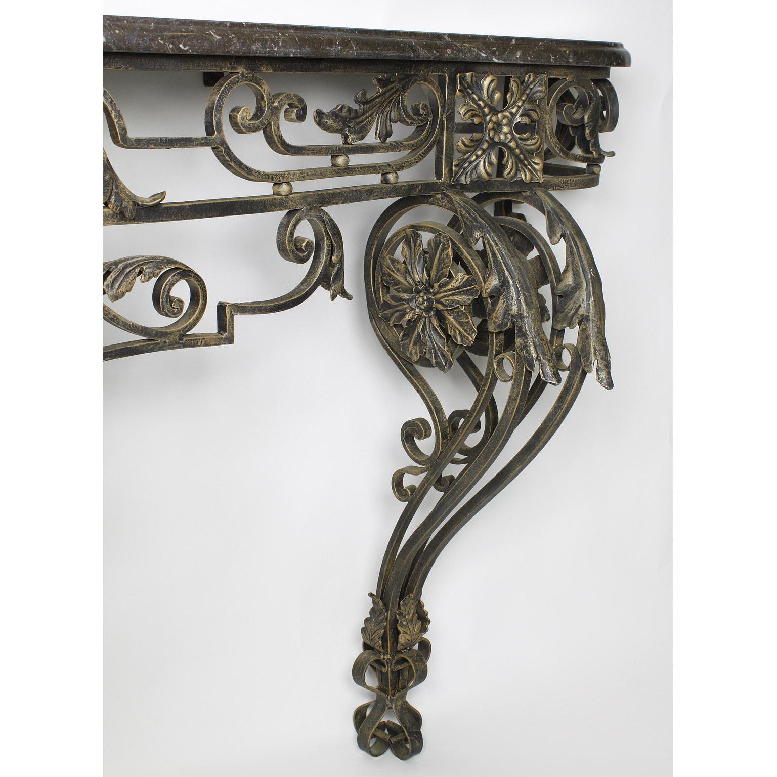 Patinated Large French Louis XV Style Wrought Iron Wall Console with Marble Top For Sale
