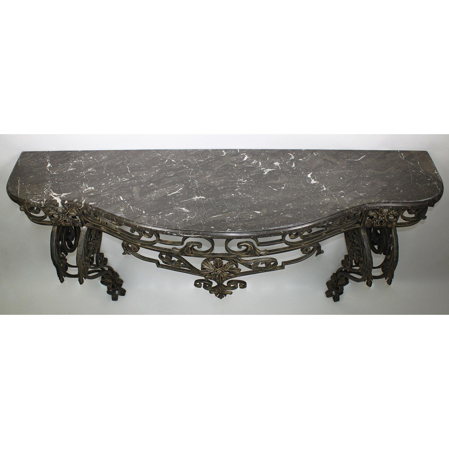 Large French Louis XV Style Wrought Iron Wall Console with Marble Top In Good Condition For Sale In Los Angeles, CA
