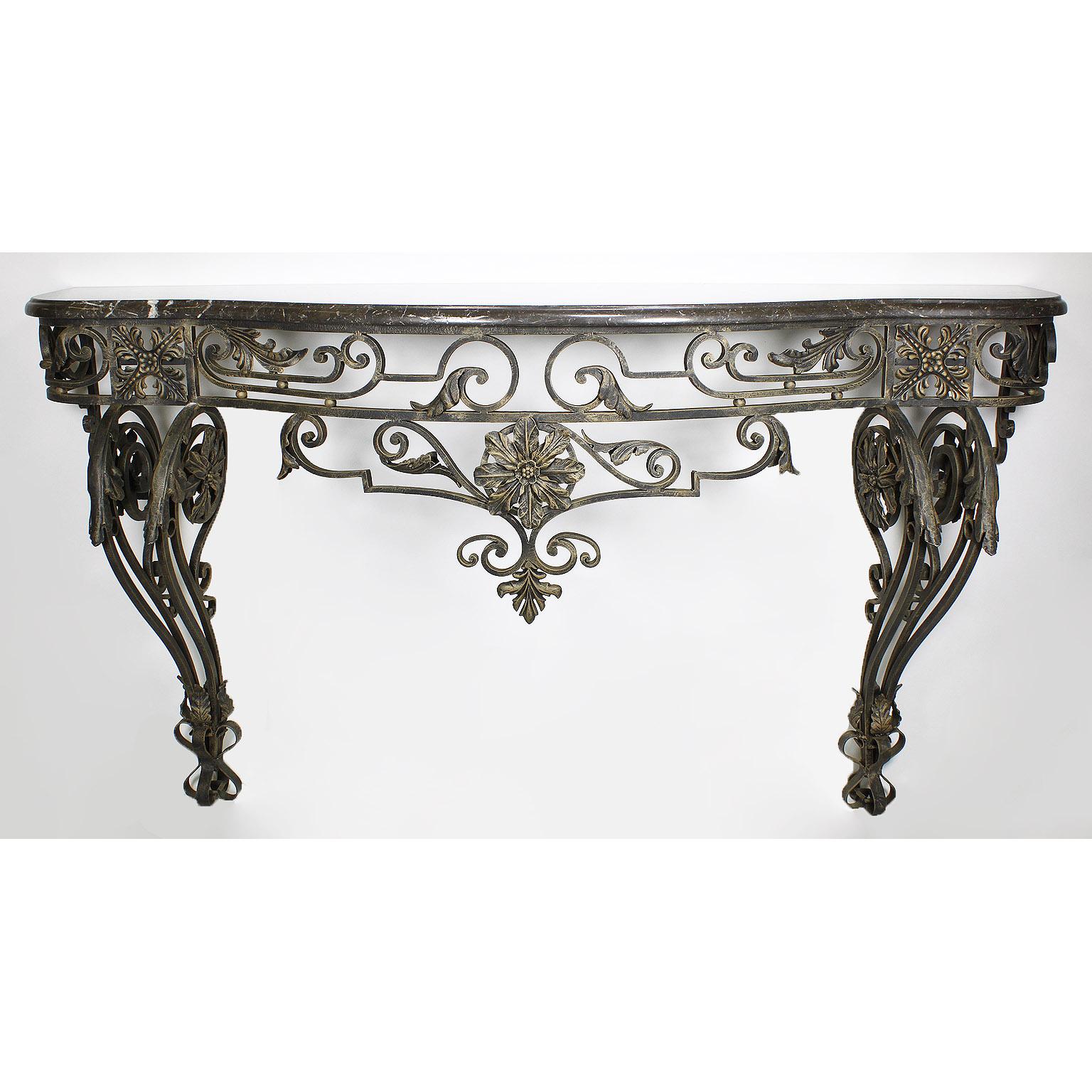 20th Century Large French Louis XV Style Wrought Iron Wall Console with Marble Top For Sale