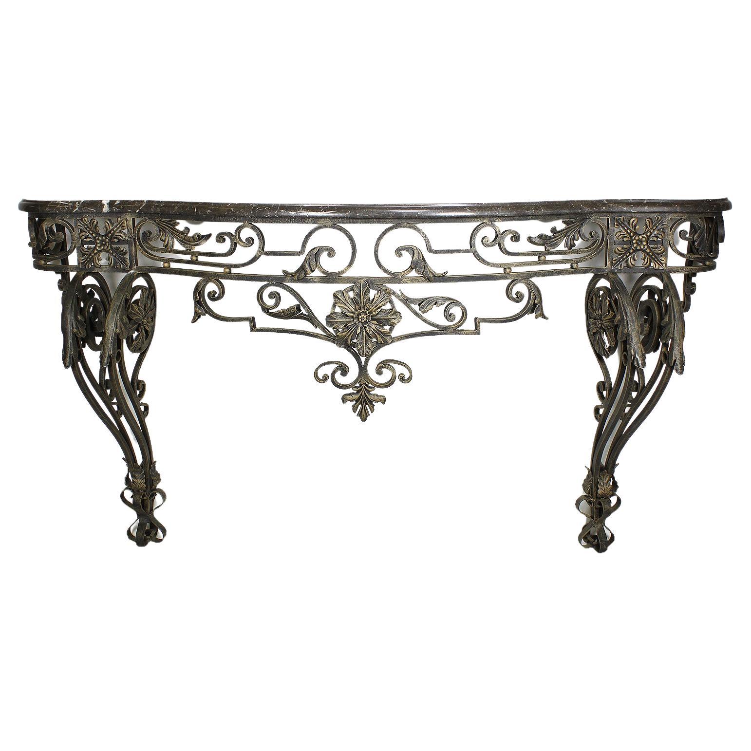 Large French Louis XV Style Wrought Iron Wall Console with Marble Top For Sale