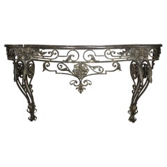 Large French Louis XV Style Wrought Iron Wall Console with Marble Top