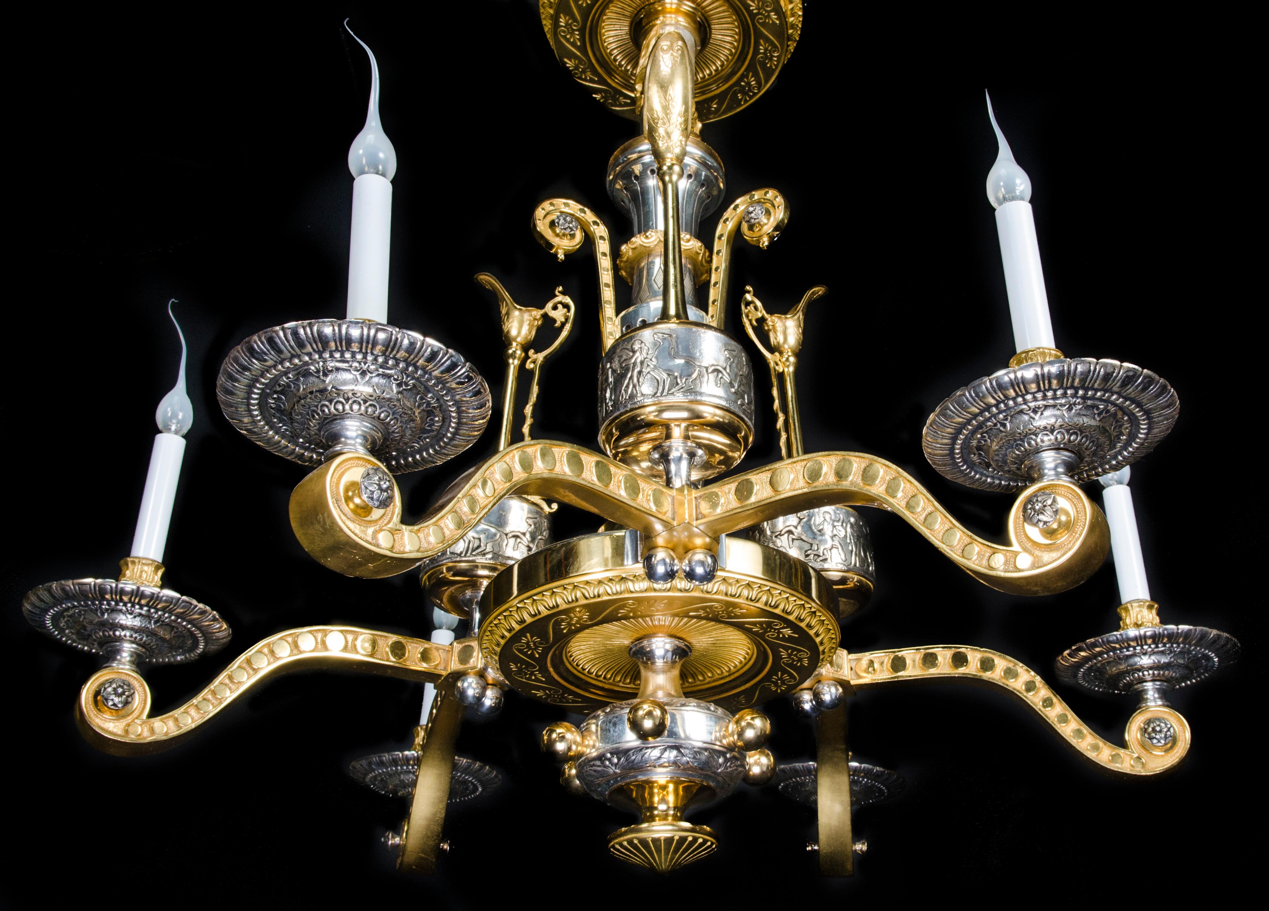  A Large French Neo-Greek Gilt & Silver Bronze Chandelier att. to F.Barbedienne In Good Condition For Sale In New York, NY