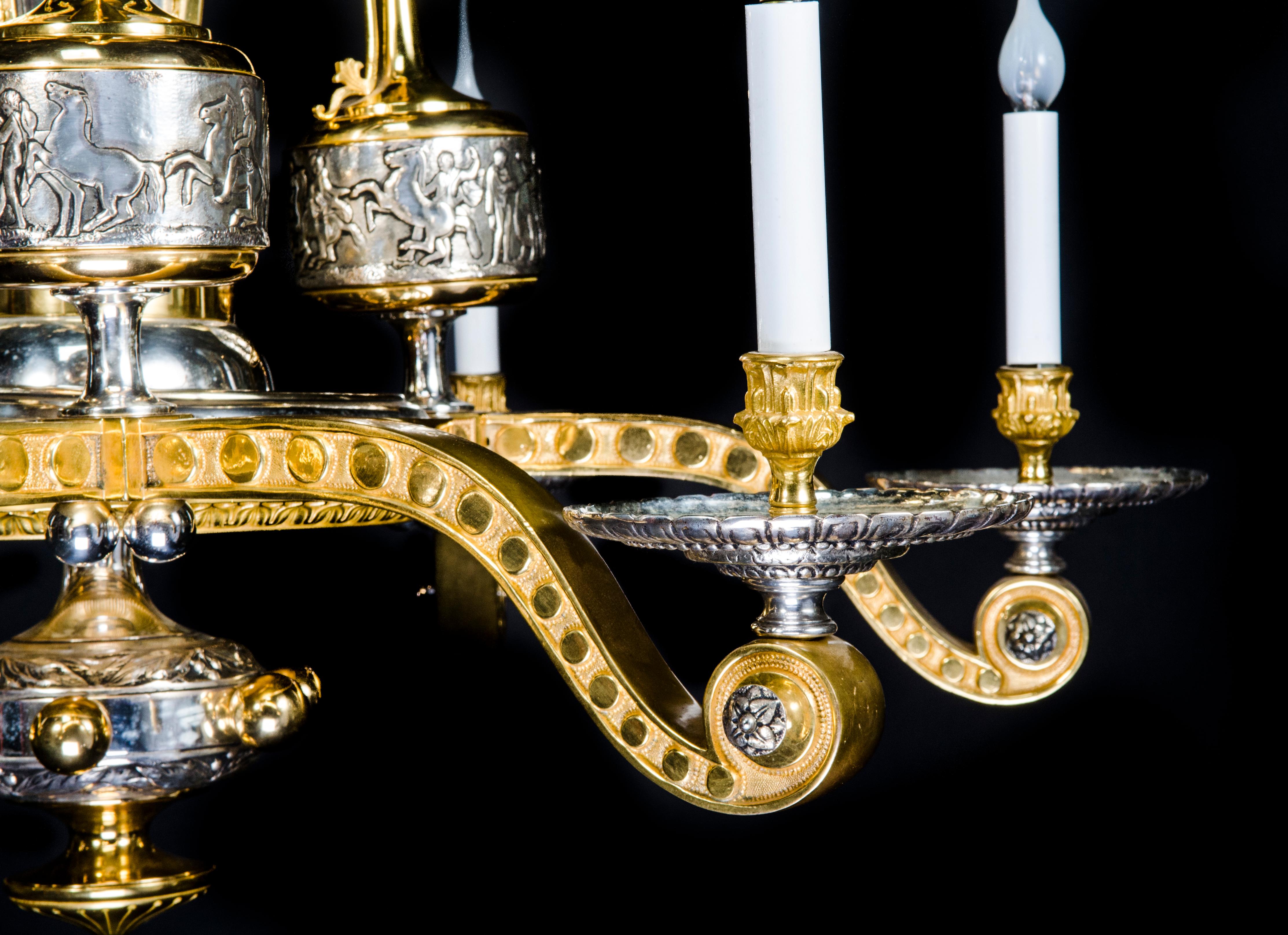  A Large French Neo-Greek Gilt & Silver Bronze Chandelier att. to F.Barbedienne For Sale 1
