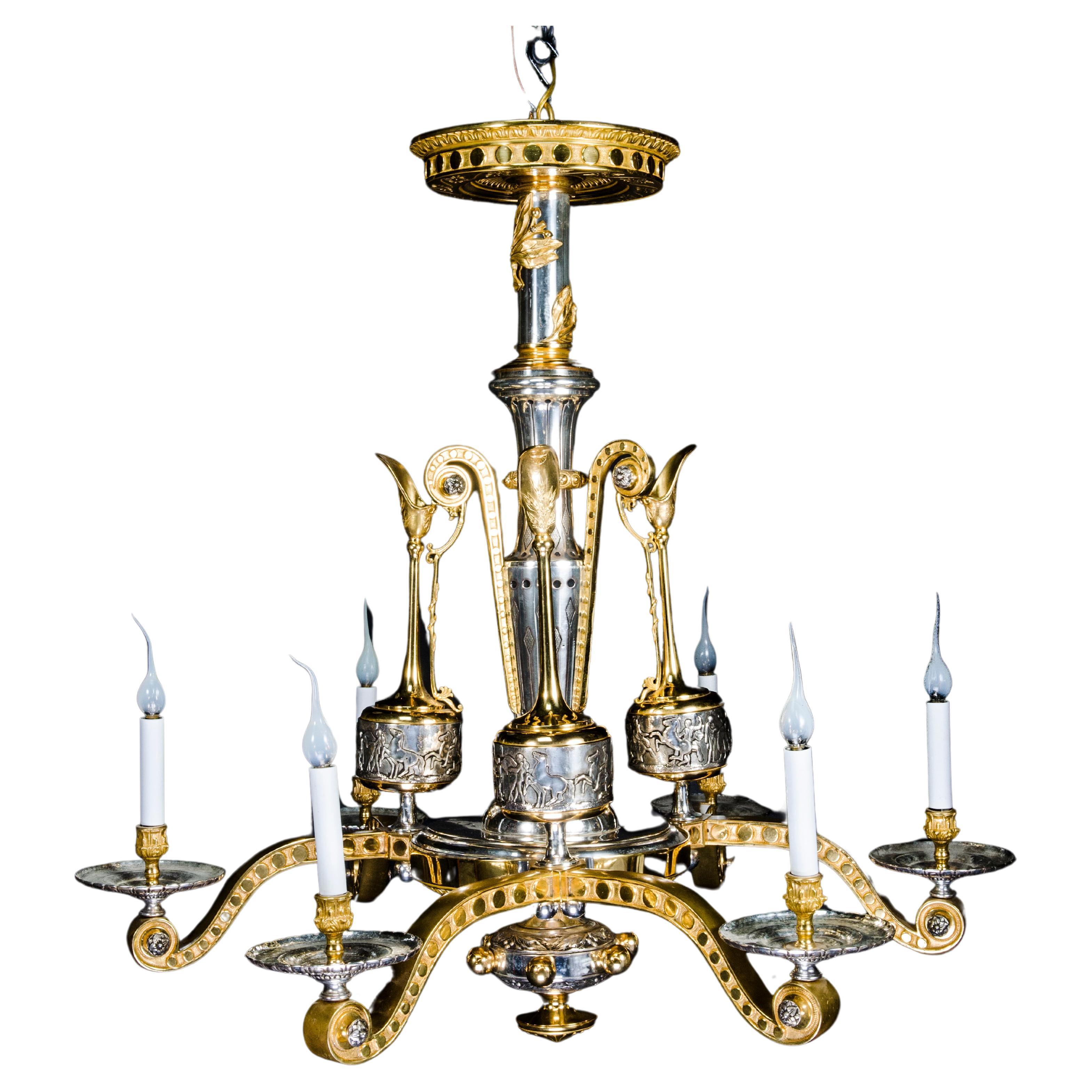  A Large French Neo-Greek Gilt & Silver Bronze Chandelier att. to F.Barbedienne For Sale