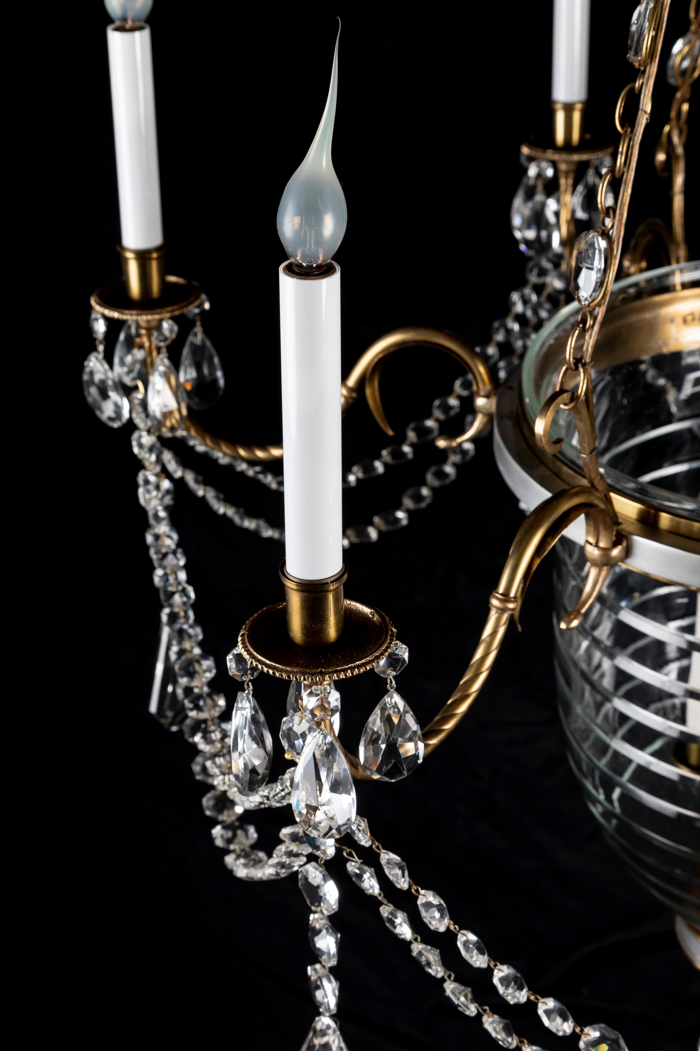 A Large French Neoclassical Gilt Bronze and Crystal Bell Jar Lantern Chandelier For Sale 7