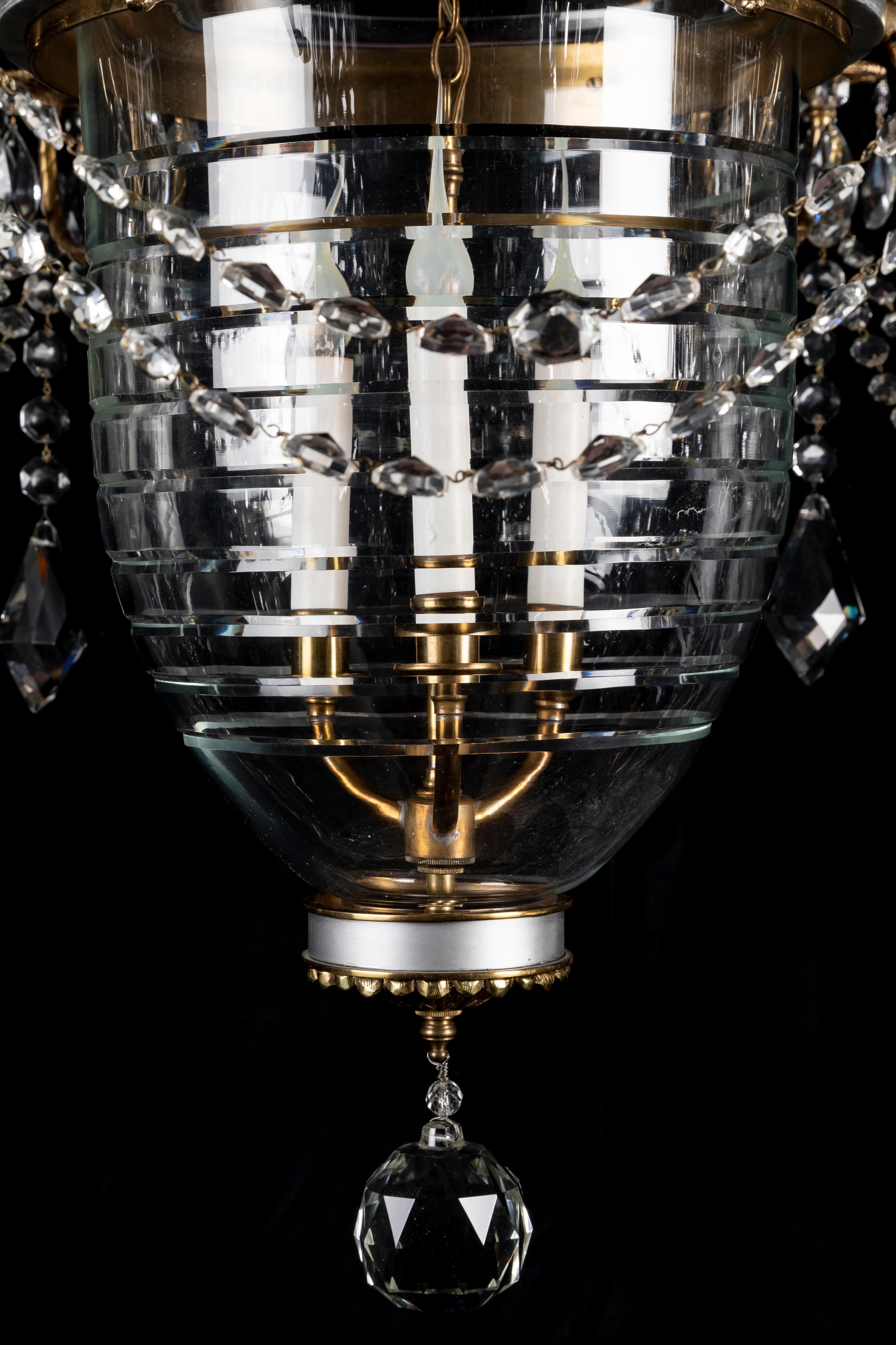A Large French Neoclassical Gilt Bronze and Crystal Bell Jar Lantern Chandelier For Sale 8