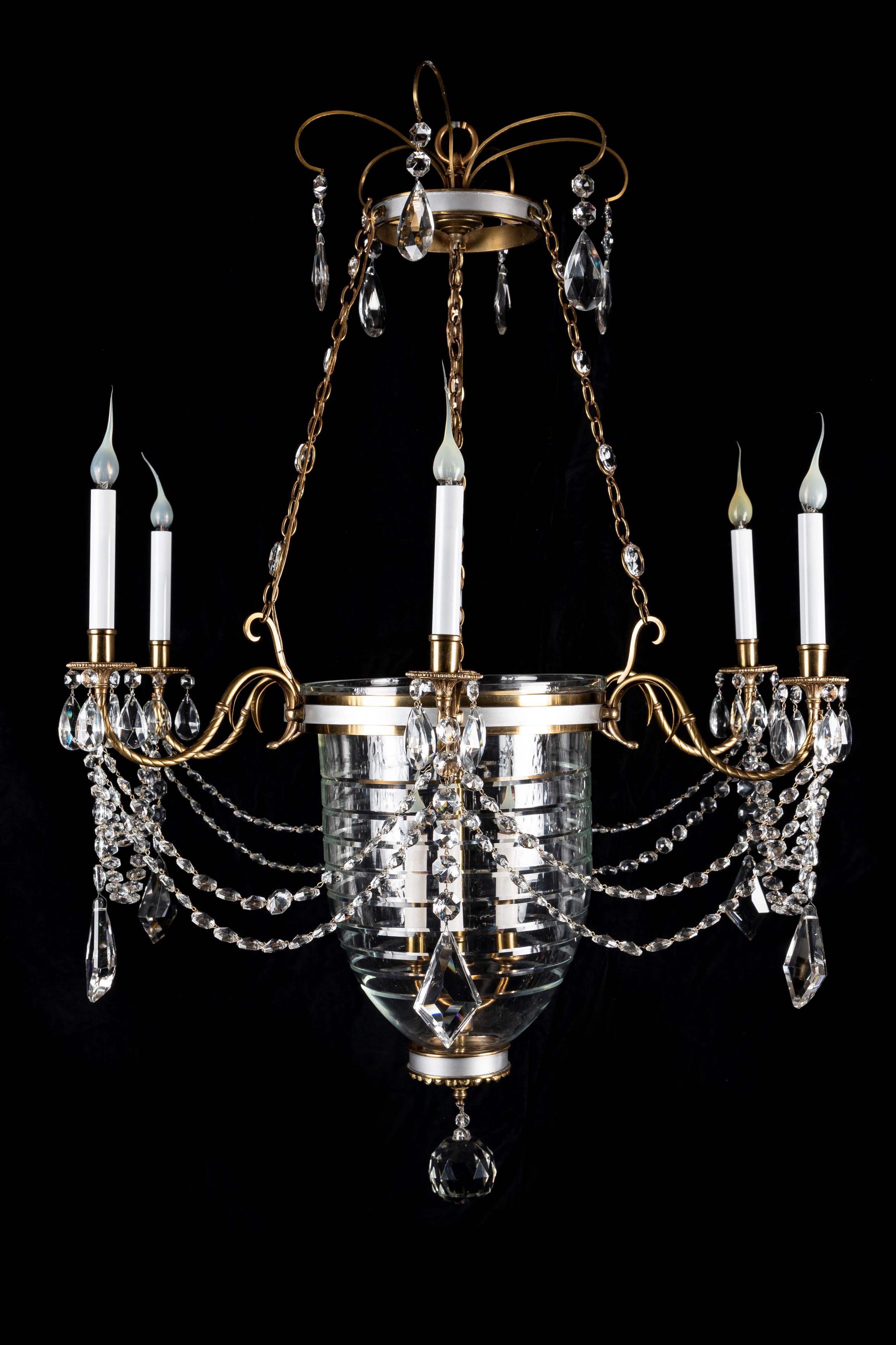 A Large French Neoclassical Gilt Bronze and Crystal Bell Jar Lantern Chandelier In Good Condition For Sale In New York, NY