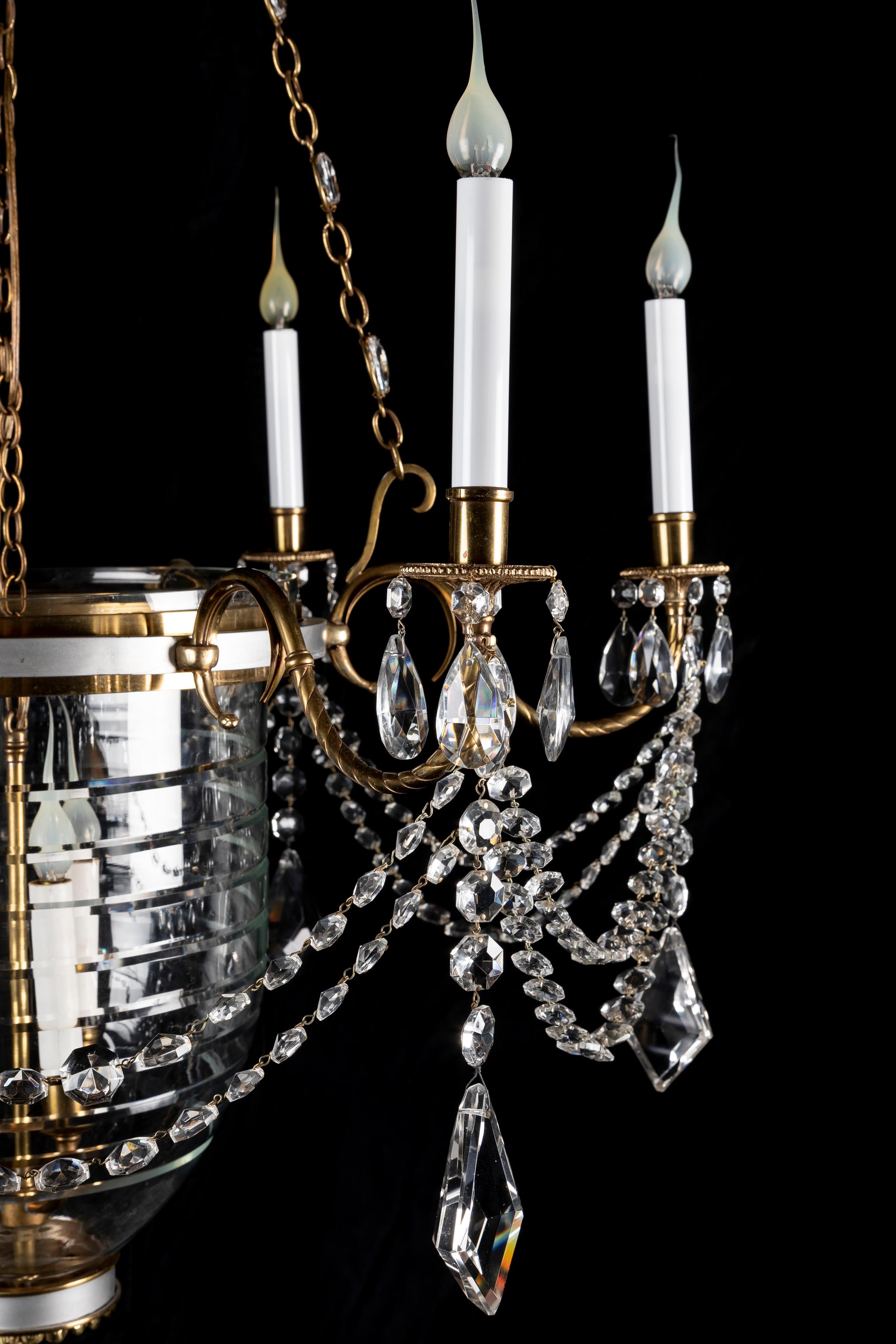 A Large French Neoclassical Gilt Bronze and Crystal Bell Jar Lantern Chandelier For Sale 2