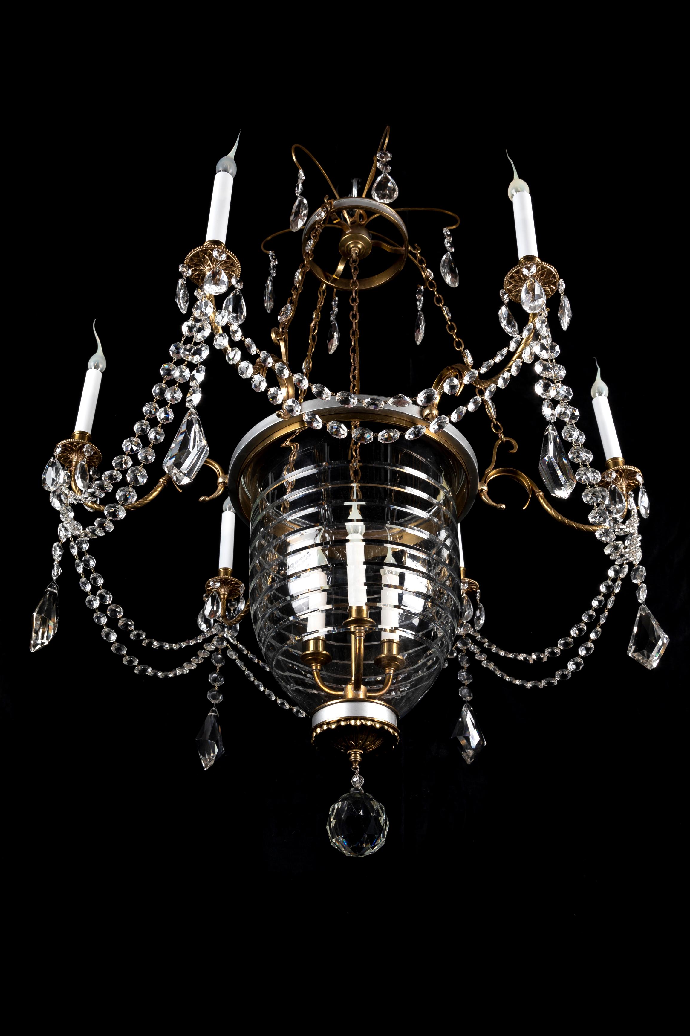 A Large French Neoclassical Gilt Bronze and Crystal Bell Jar Lantern Chandelier For Sale 3