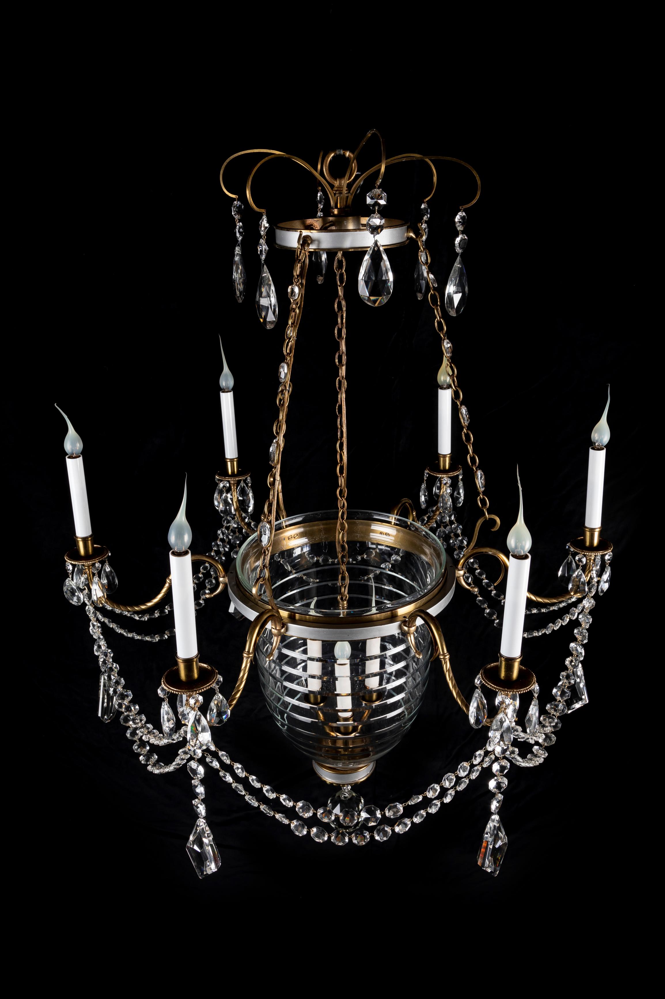A Large French Neoclassical Gilt Bronze and Crystal Bell Jar Lantern Chandelier For Sale 5