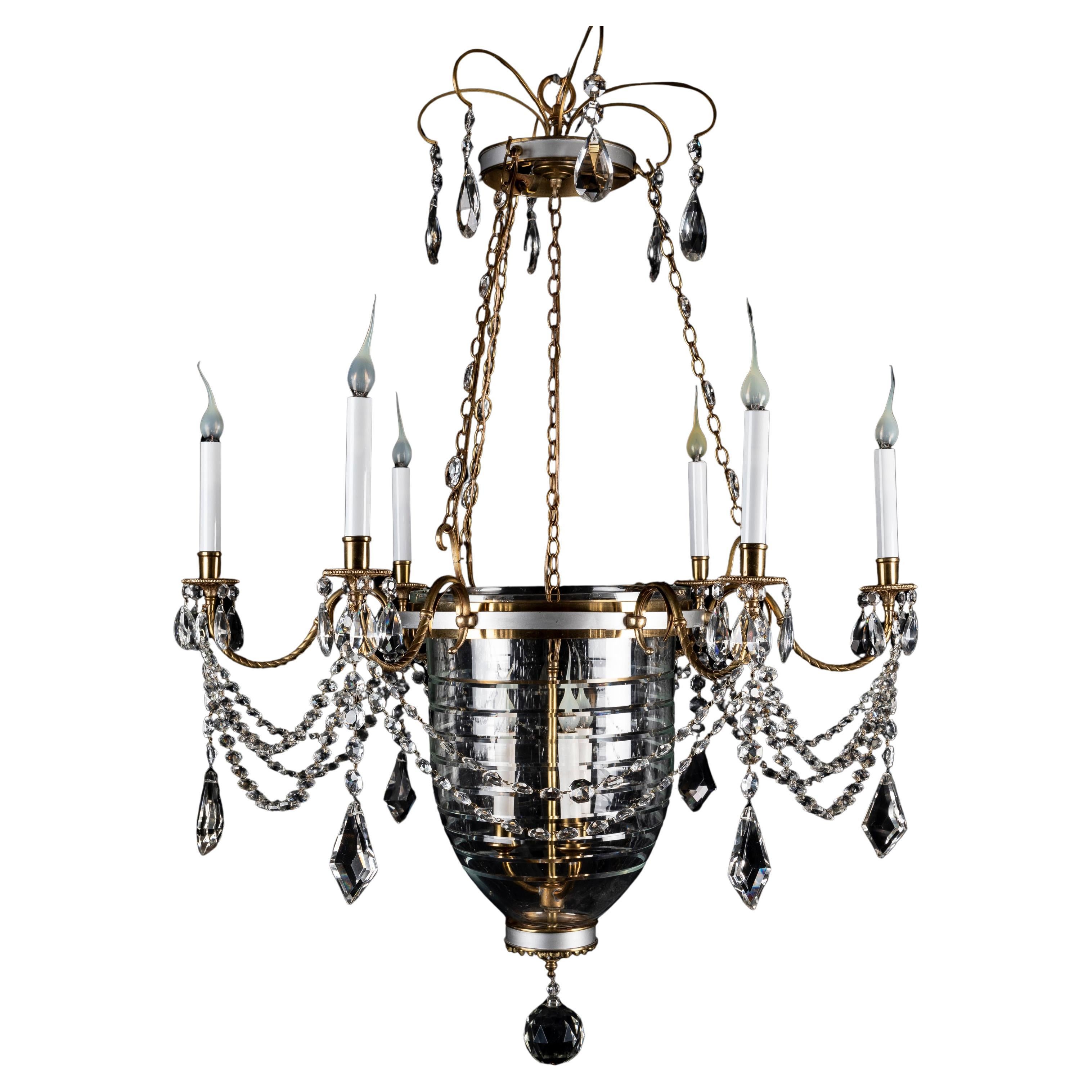 A Large French Neoclassical Gilt Bronze and Crystal Bell Jar Lantern Chandelier For Sale