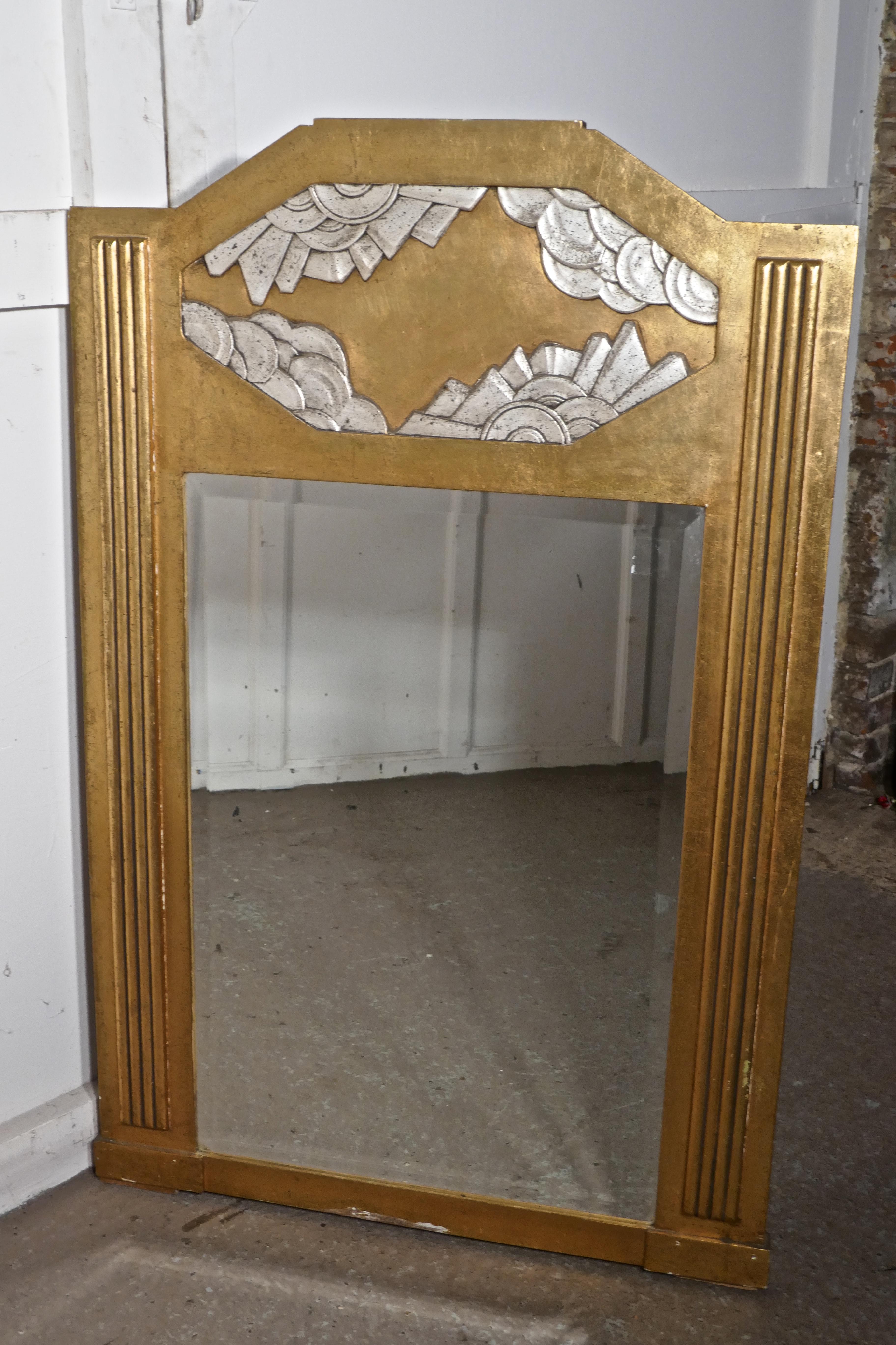 Large French Odeon Style Art Deco Gilt Wall Mirror For Sale 1
