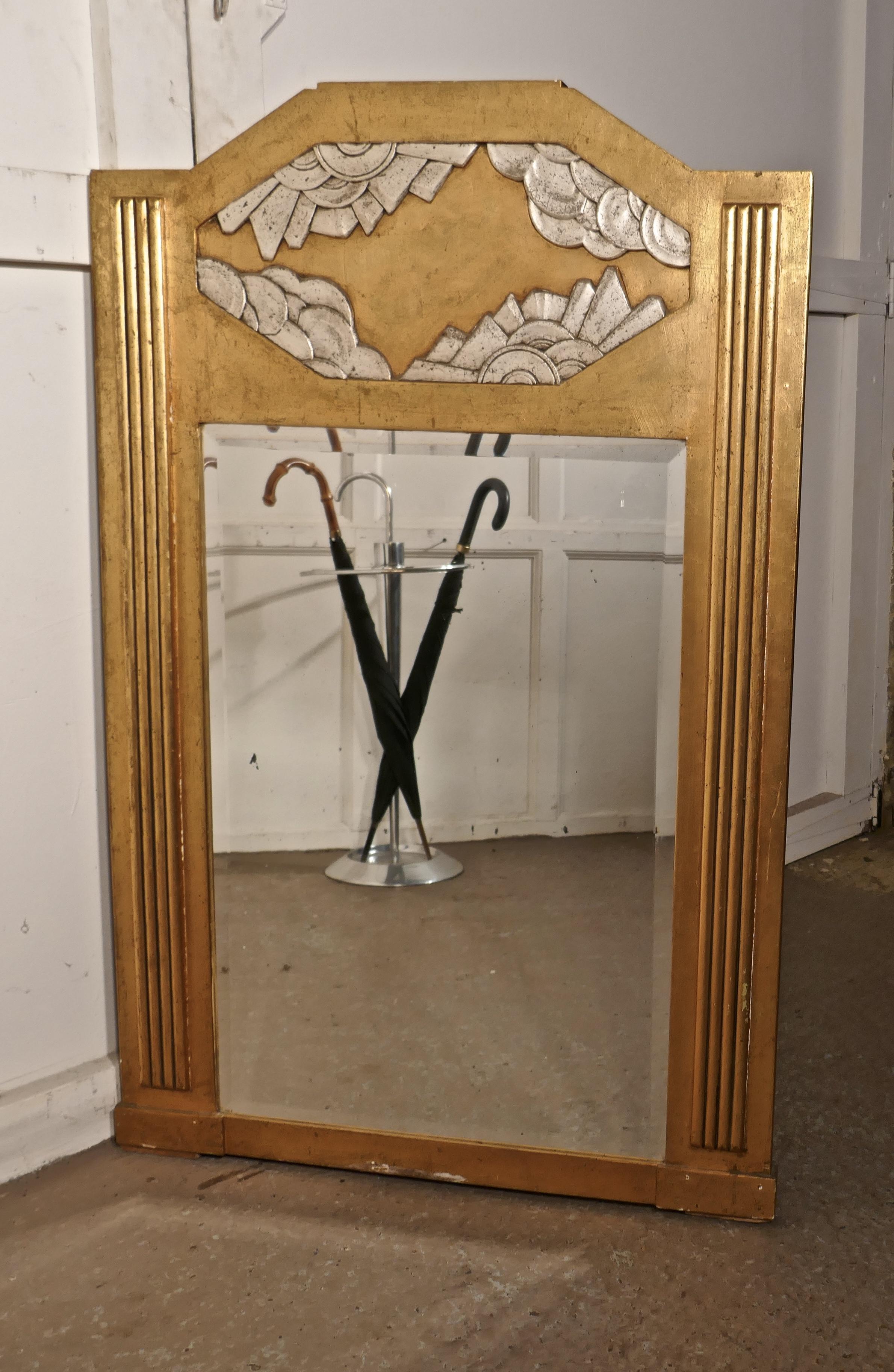 Large French Odeon Style Art Deco Gilt Wall Mirror For Sale 3