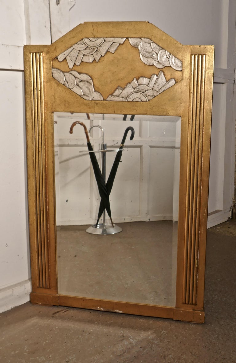 Large French Odeon Style Art Deco Gilt Wall Mirror For Sale 4