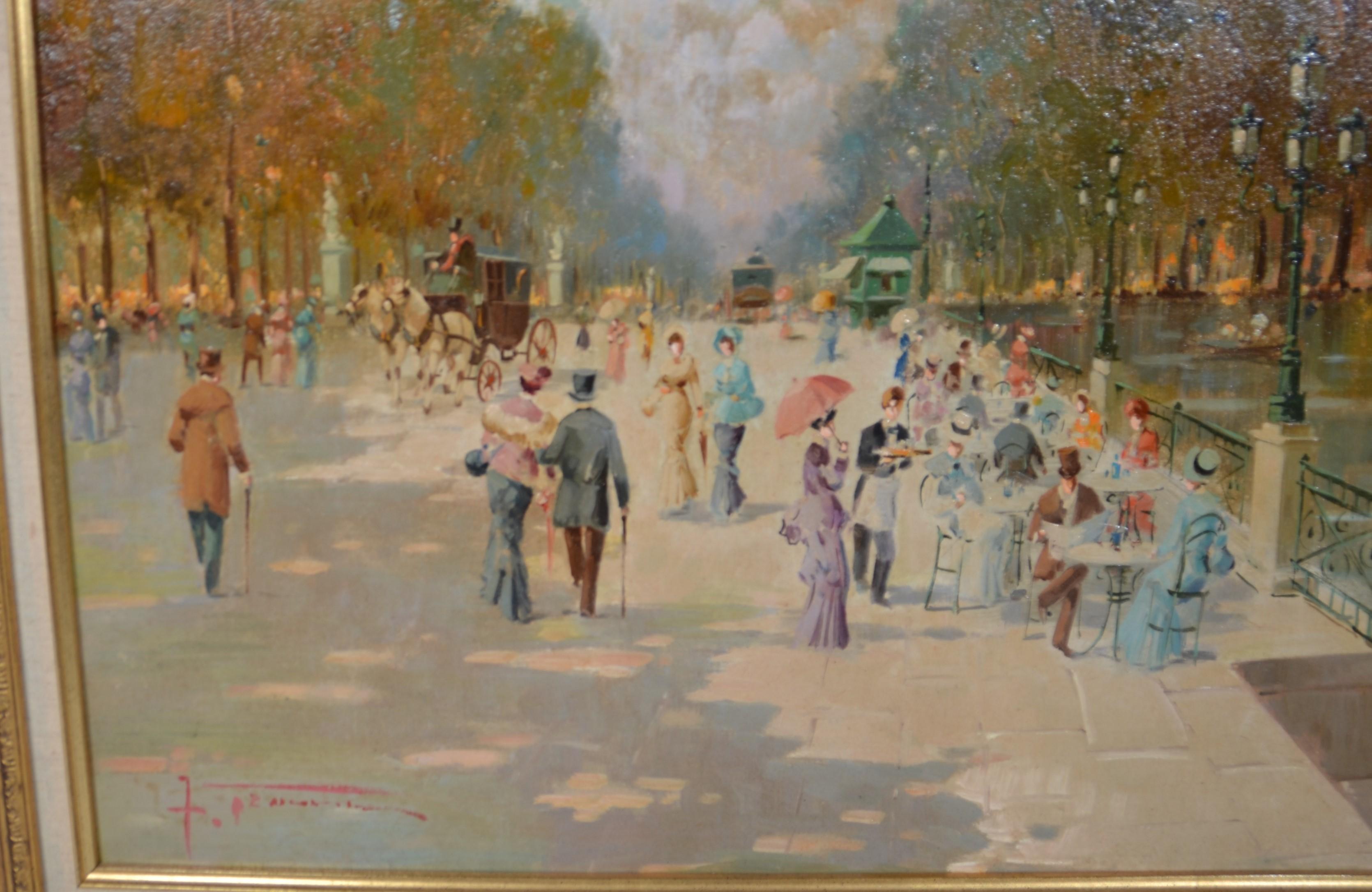 A large oil on canvas painting of a Riverbank scene. Great detail and color. Illegible title and signature verso and signed bottom left on the painting. Probably a Sunday scene of Paris showing elegantly dressed people enjoying their leisure time by