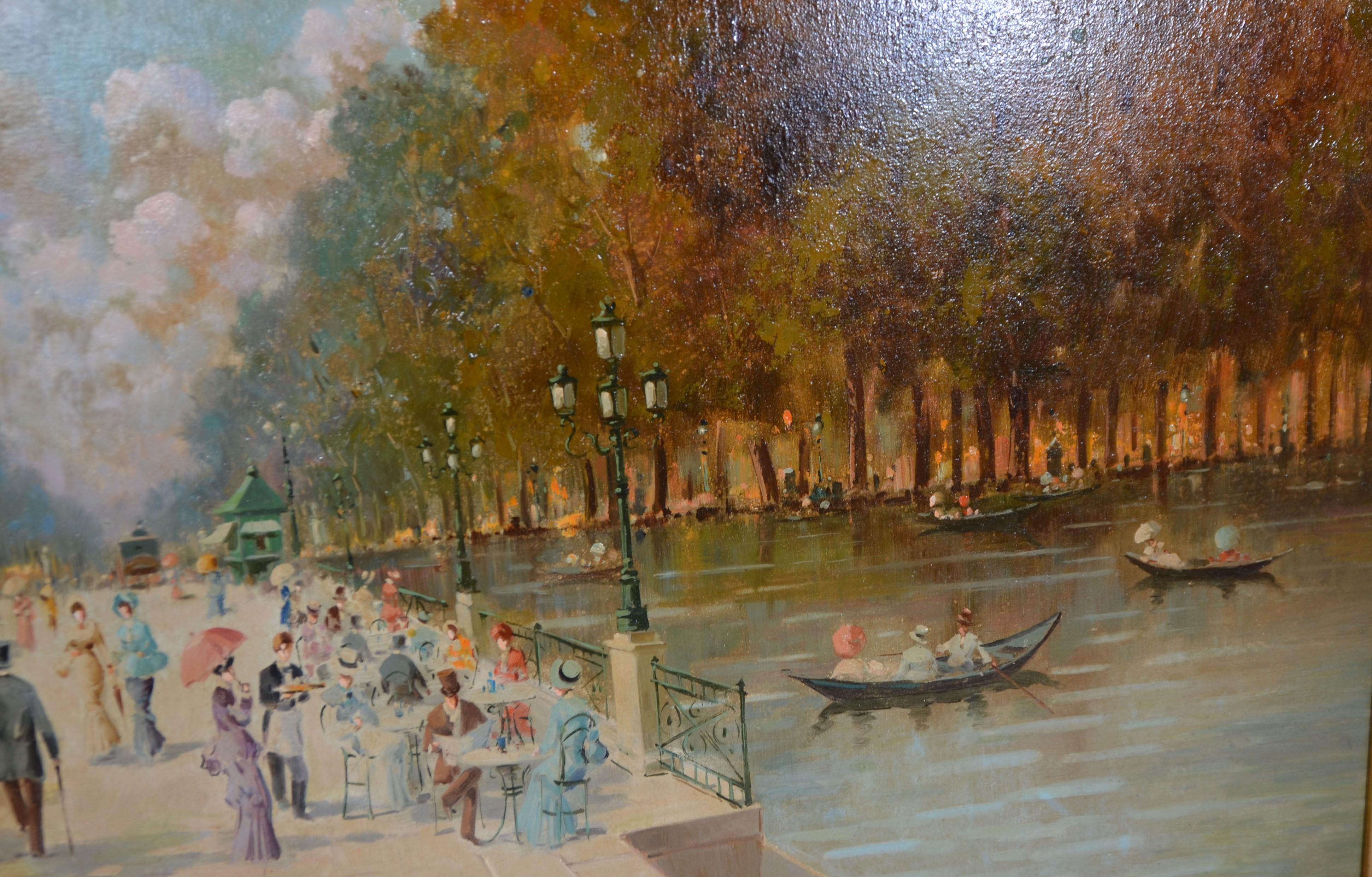 Large French Riverbank Scene Painting, Oil on Canvas, Signed In Good Condition In Pomona, CA