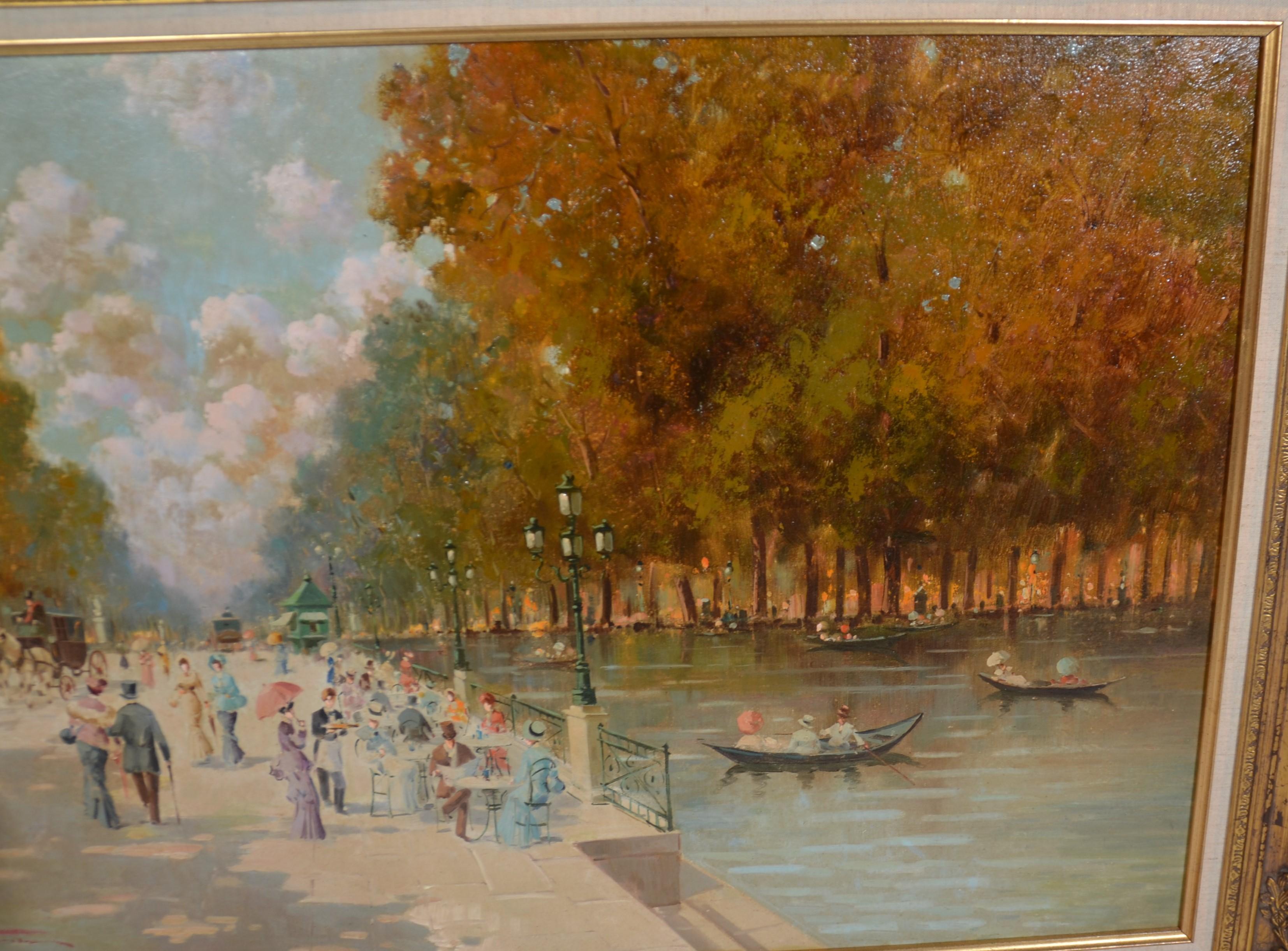 Mid-20th Century Large French Riverbank Scene Painting, Oil on Canvas, Signed