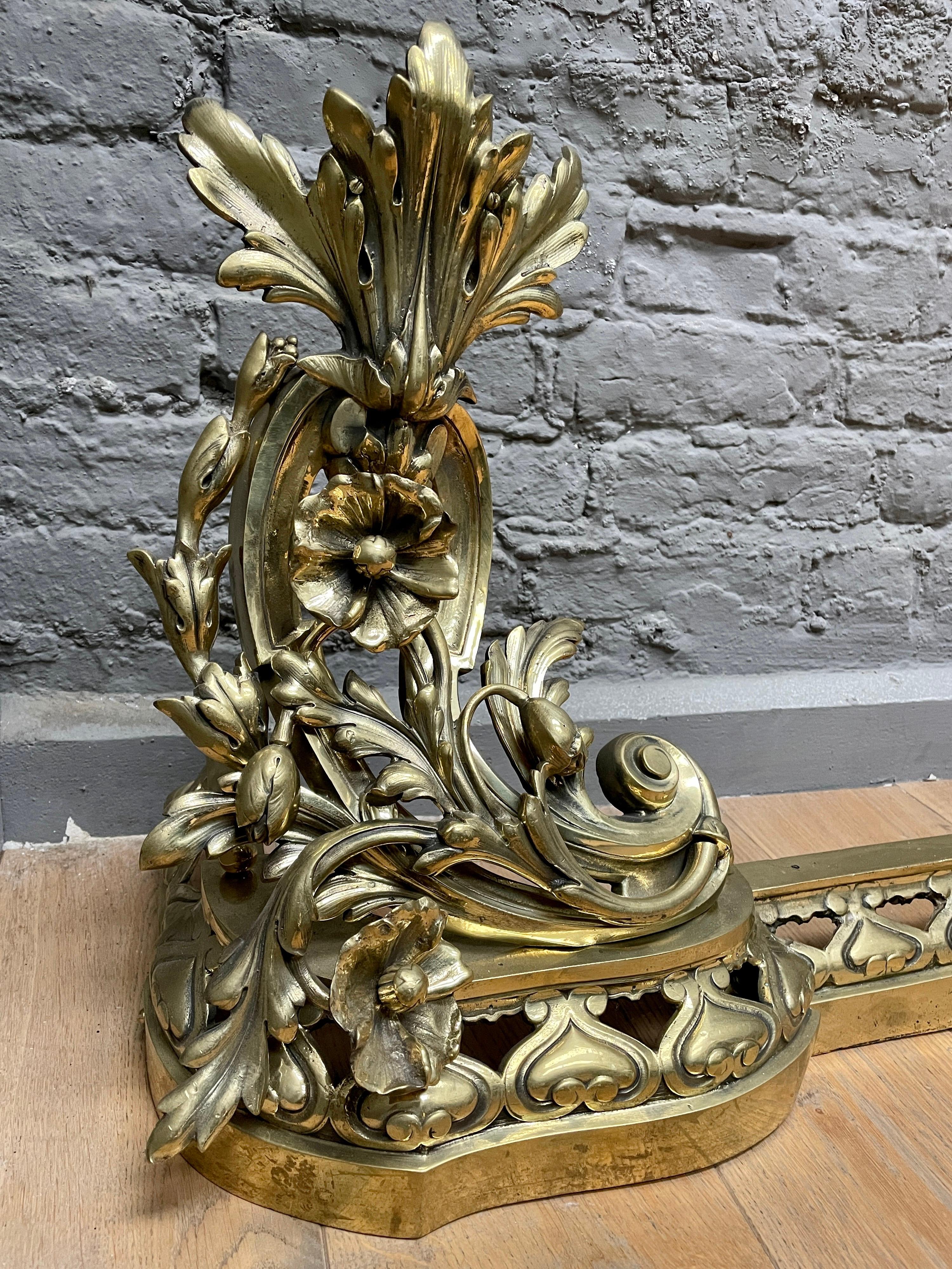 19th Century Large French Rococo Style Brass Fireplace Fender