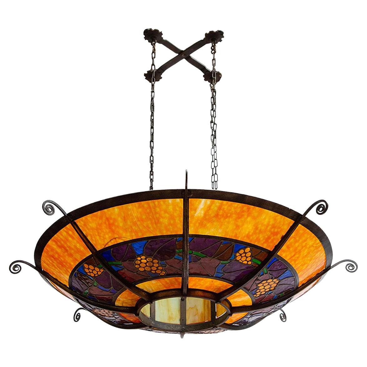 Gran araña francesa redonda de vidrieras, hacia 1900