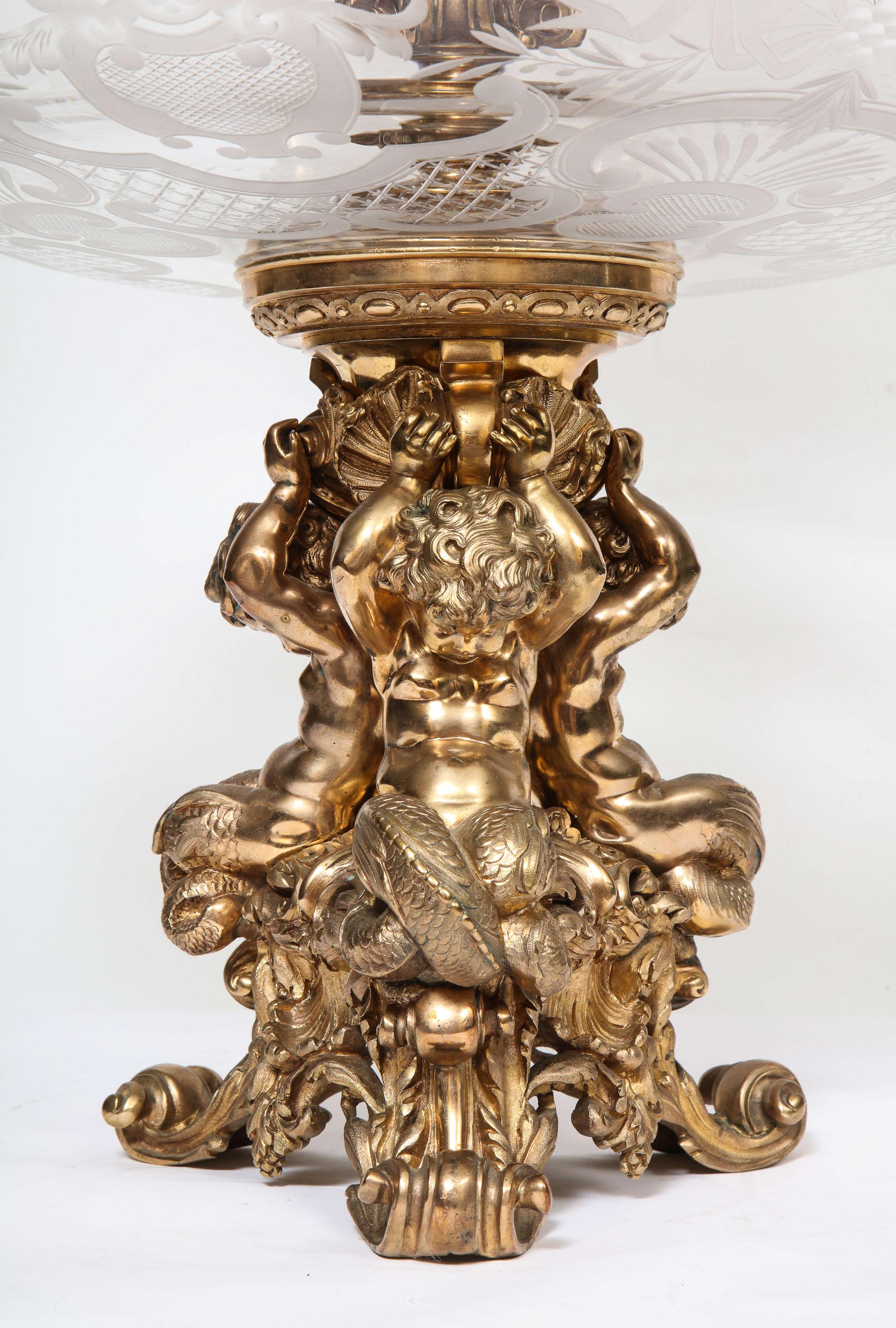 Large French Silvered Bronze and Cut Crystal Allegorical Three-Tier Centerpiece 5