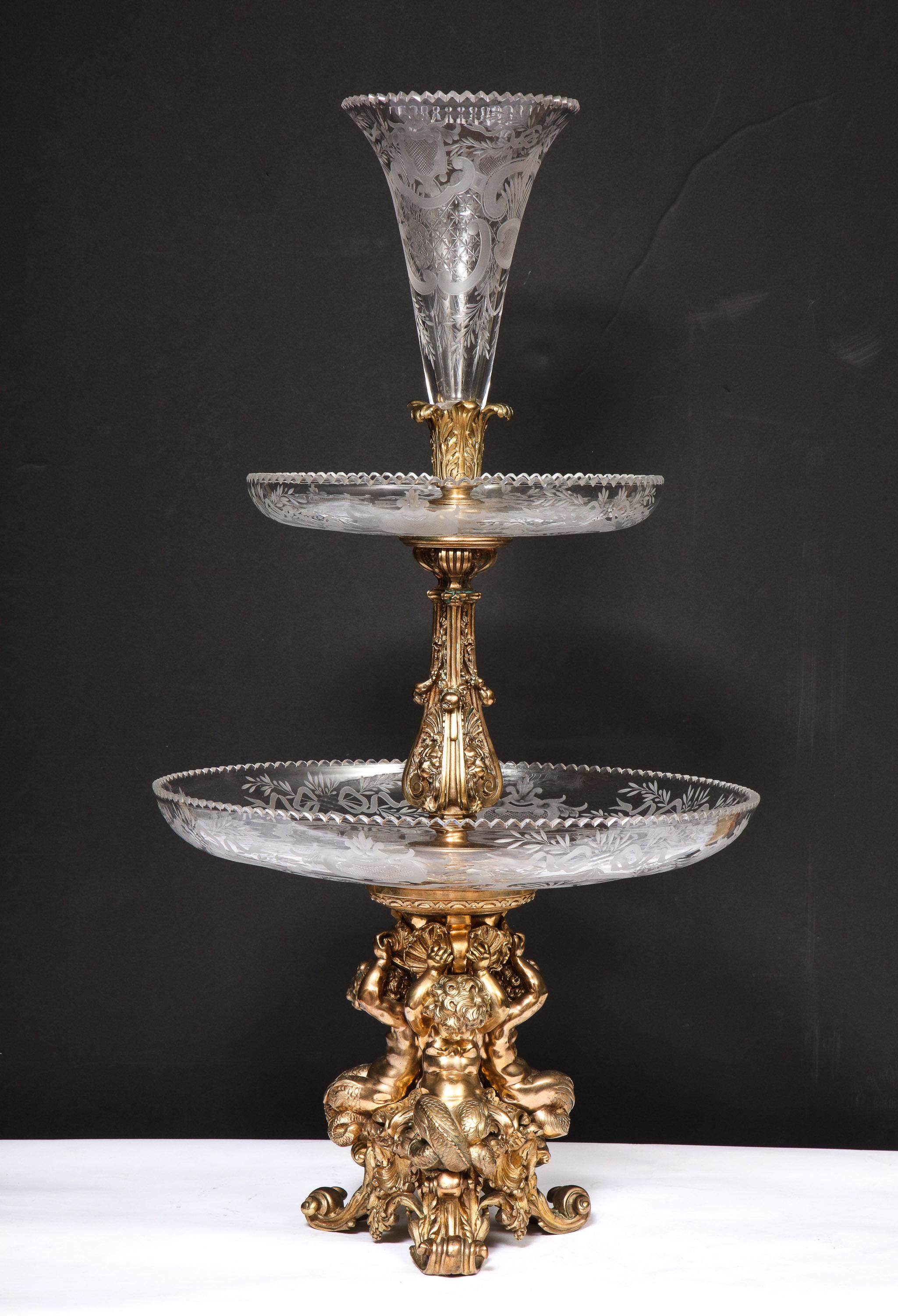 Large French Silvered Bronze and Cut Crystal Allegorical Three-Tier Centerpiece 8