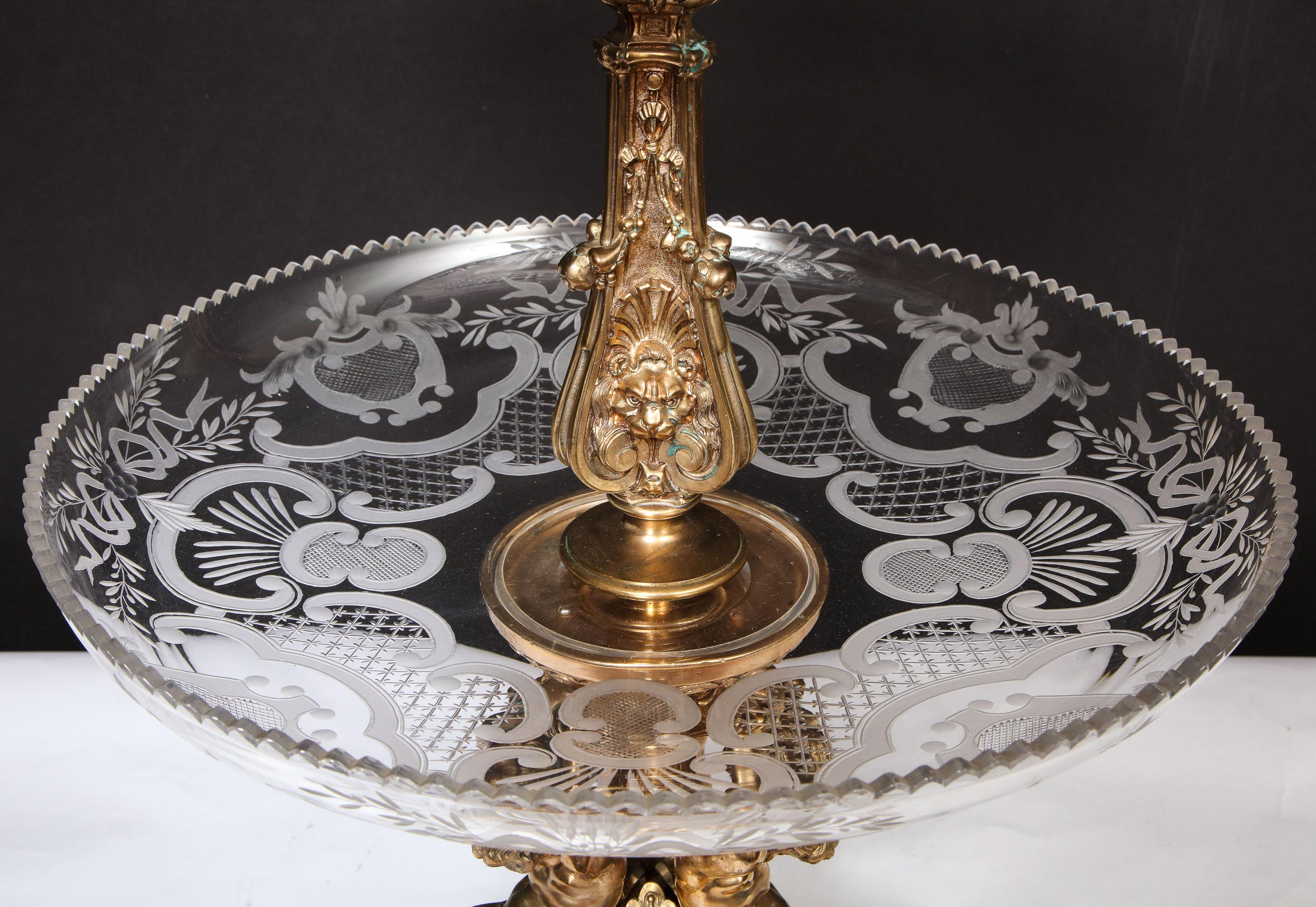 Large French Silvered Bronze and Cut Crystal Allegorical Three-Tier Centerpiece 11