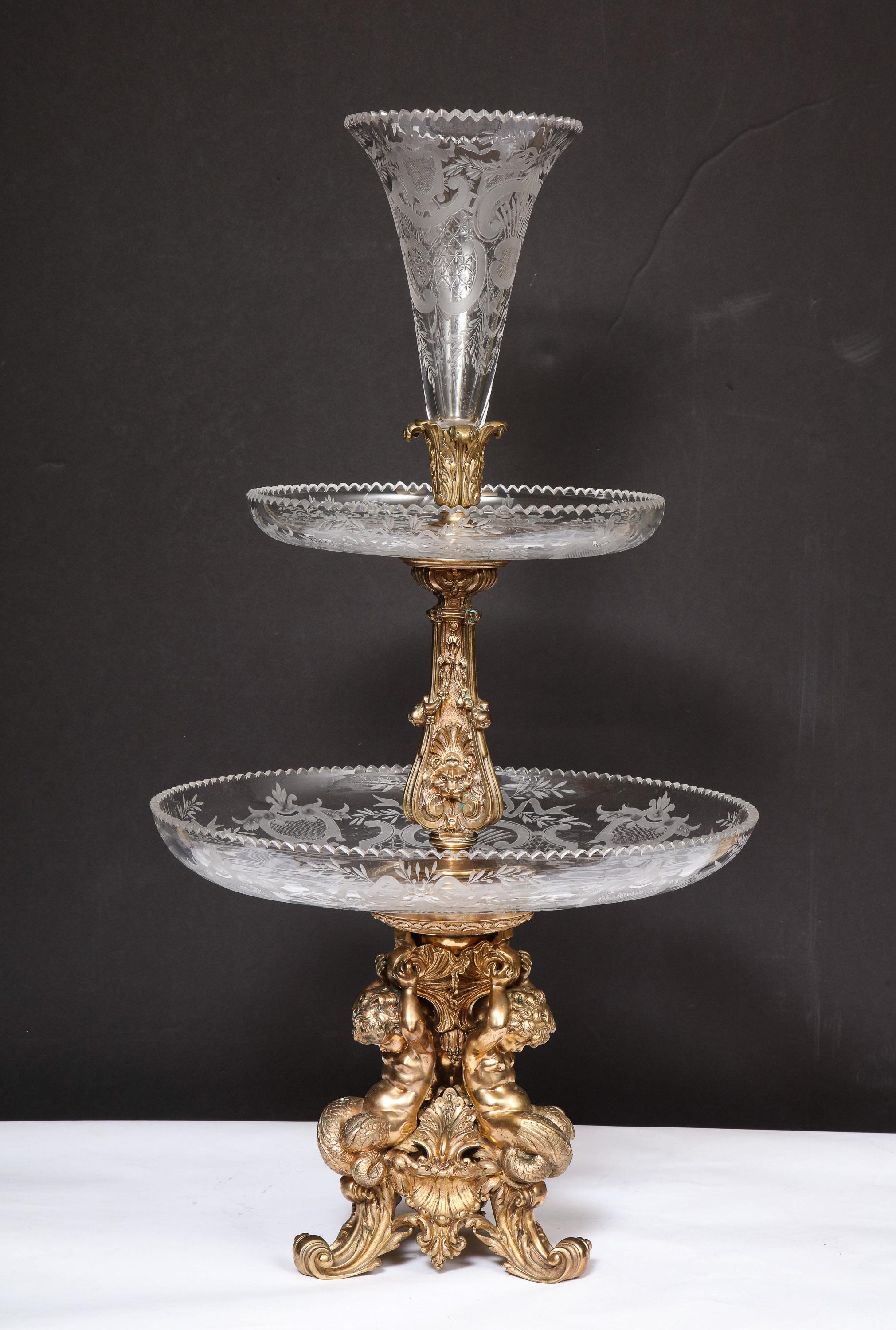 Large French Silvered Bronze and Cut Crystal Allegorical Three-Tier Centerpiece 12