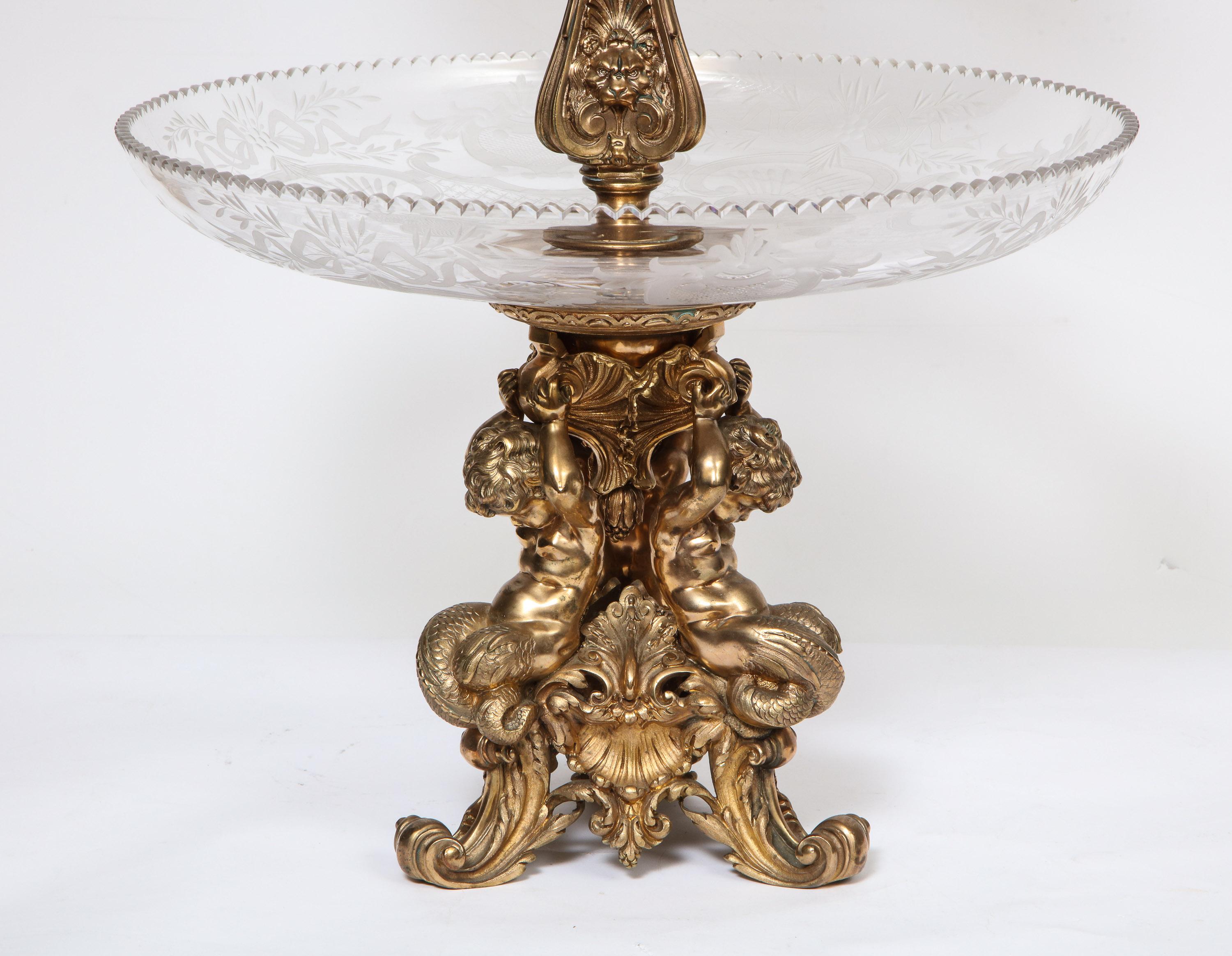 Napoleon III Large French Silvered Bronze and Cut Crystal Allegorical Three-Tier Centerpiece