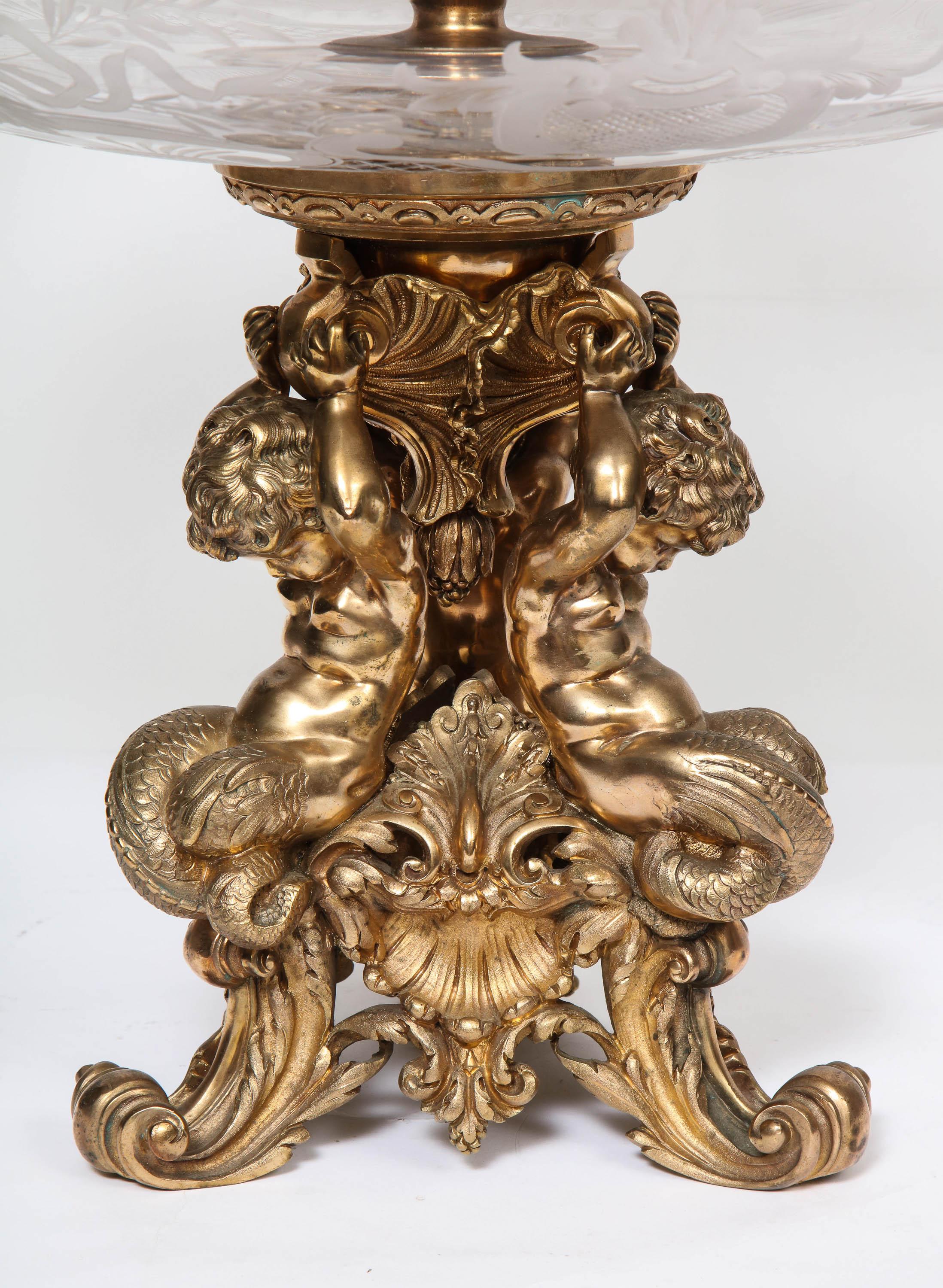 Large French Silvered Bronze and Cut Crystal Allegorical Three-Tier Centerpiece In Good Condition In New York, NY