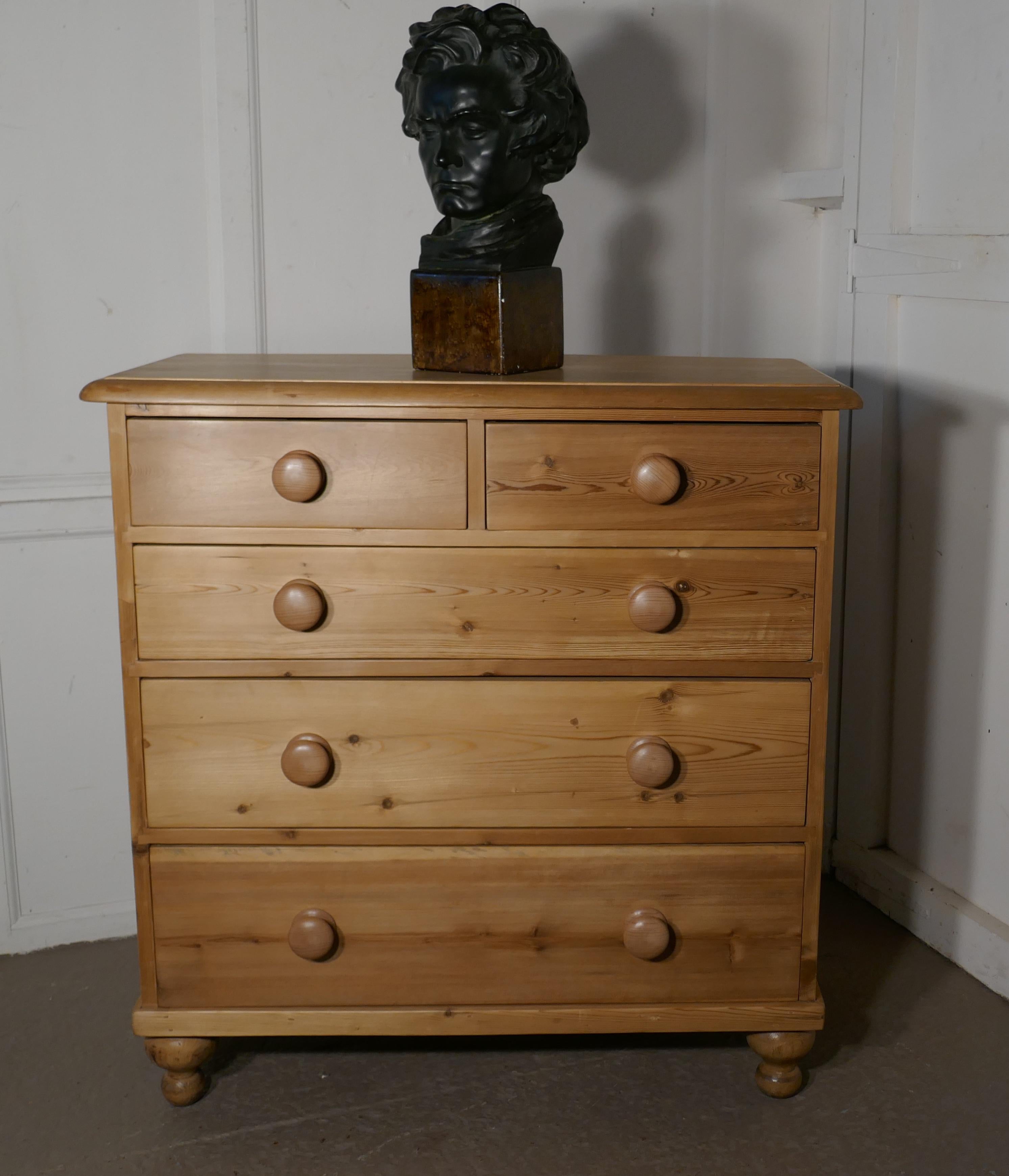 A large fully restored Victorian pine chest of drawers

A large Victorian pine chest of drawers dates from 1890 it has been stripped and waxed.
This is a very good quality pine chest, with a thick top which has a moulded edge and it stands on