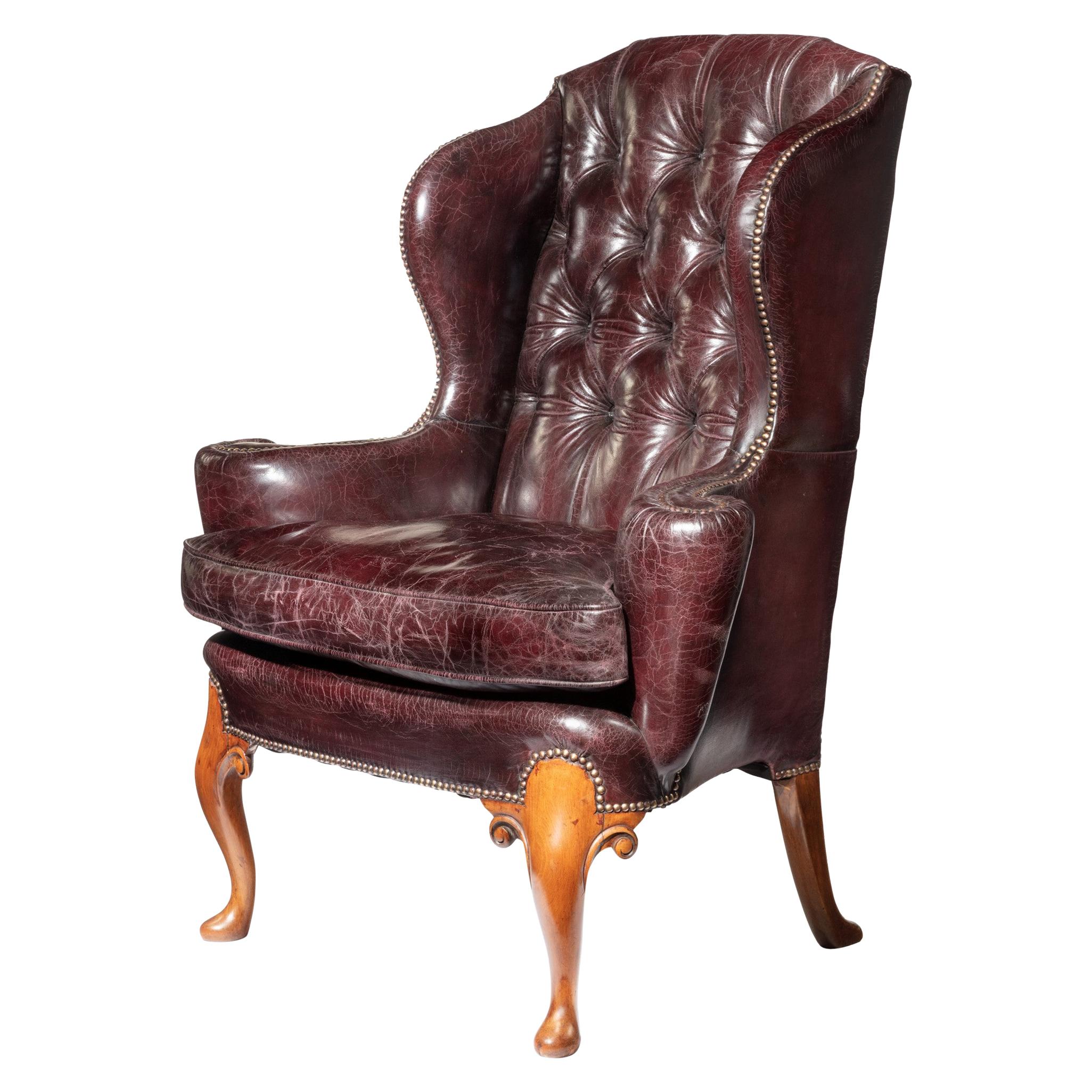 Large George I Style Burgundy Leather Wing Armchair