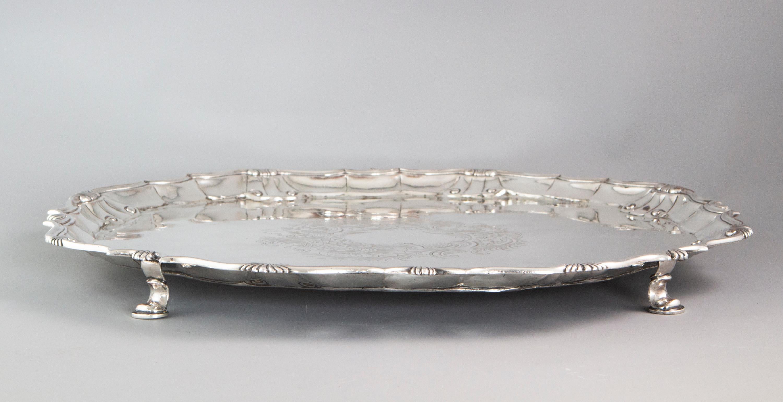 English Large George II Silver Salver or Tray, London, 1750 by John Le Sage For Sale