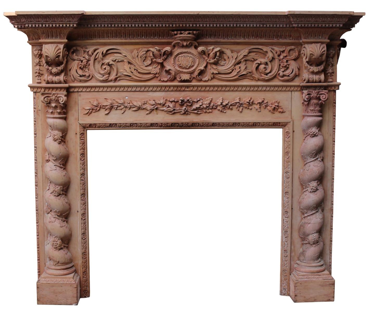 George III fire surround with acanthus, dental, fluted pediment, scrolled frieze and decorated with birds, spiral and leaf decoration.

Measures: Opening height 116 cm

Opening width 130 cm

Width between outside of legs 202.5 cm.