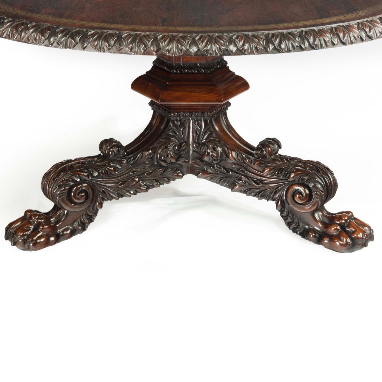 Début du XIXe siècle Grande table centrale en bois de rose incrusté de laiton George IV attribuée à Gillows en vente