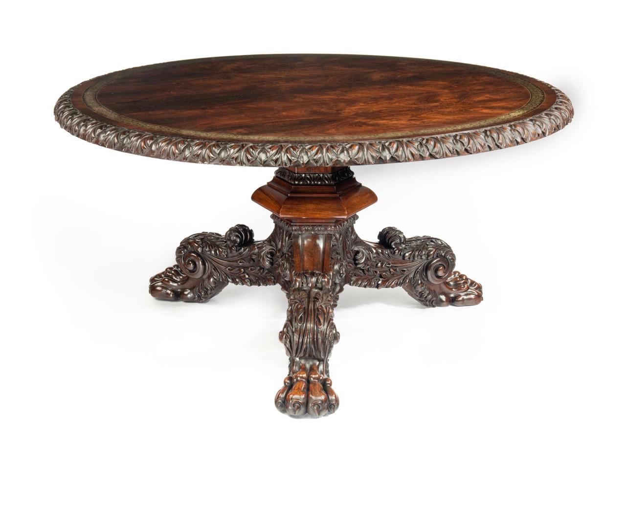 Laiton Grande table centrale en bois de rose incrusté de laiton George IV attribuée à Gillows en vente