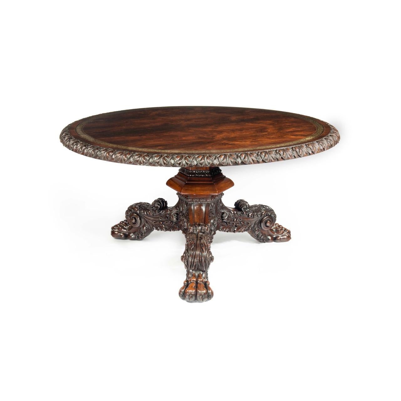 Grande table centrale en bois de rose incrusté de laiton George IV attribuée à Gillows en vente 1